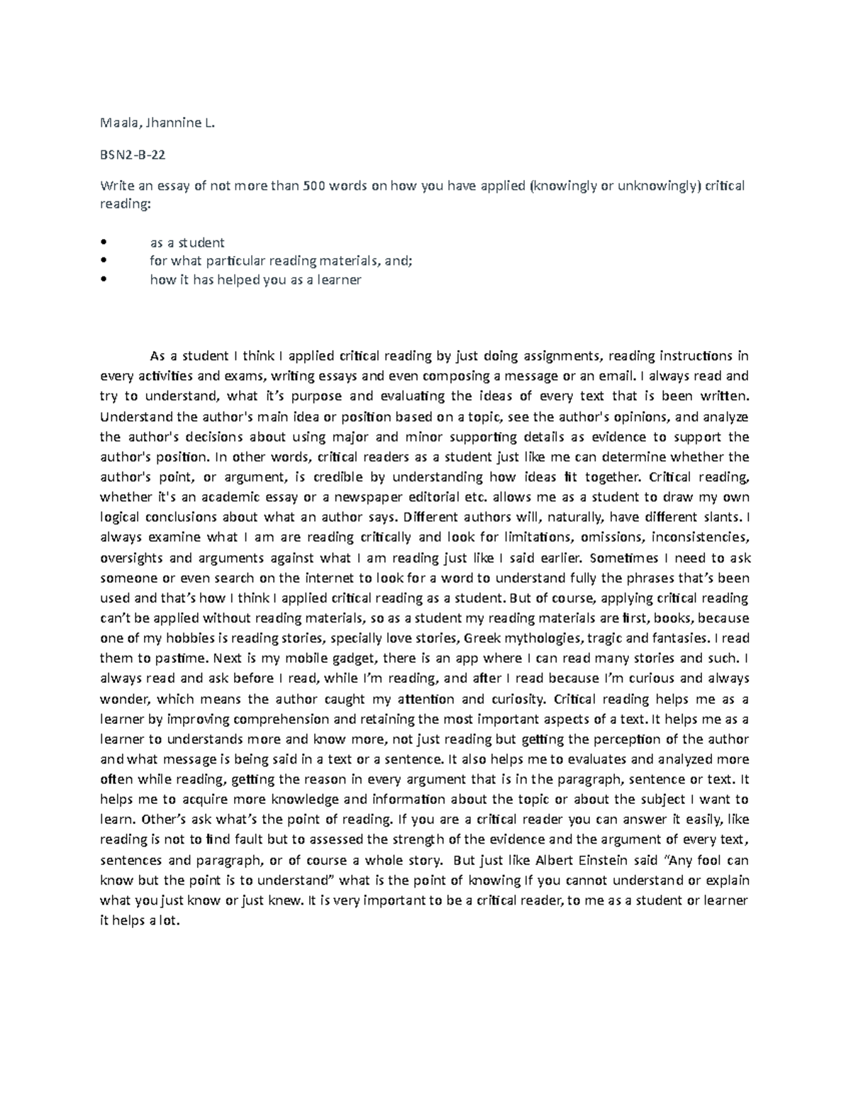 ASSIGNMENT ESSAY - Maala, Jhannine L. BSN2-B- Write an essay of not ...