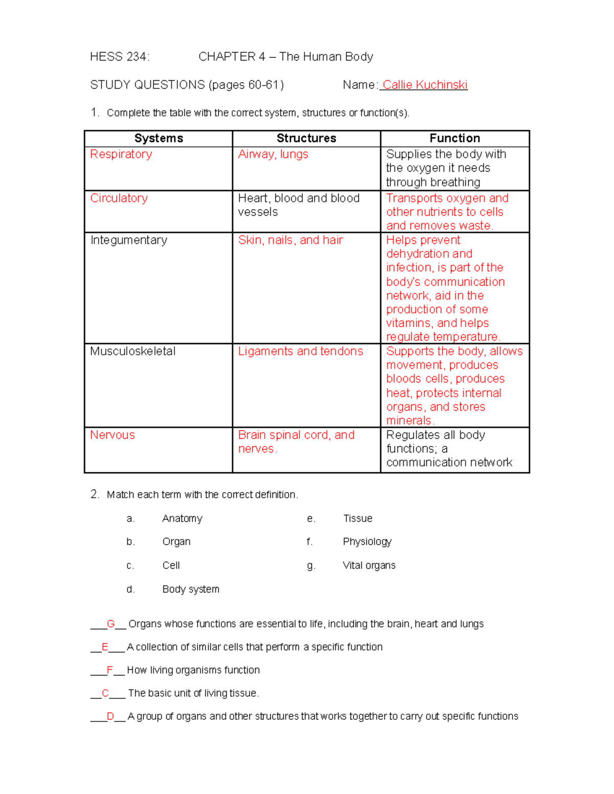 HESS 234 - Chapter 4 - The Human Body -Study Questions - HESS 234 ...