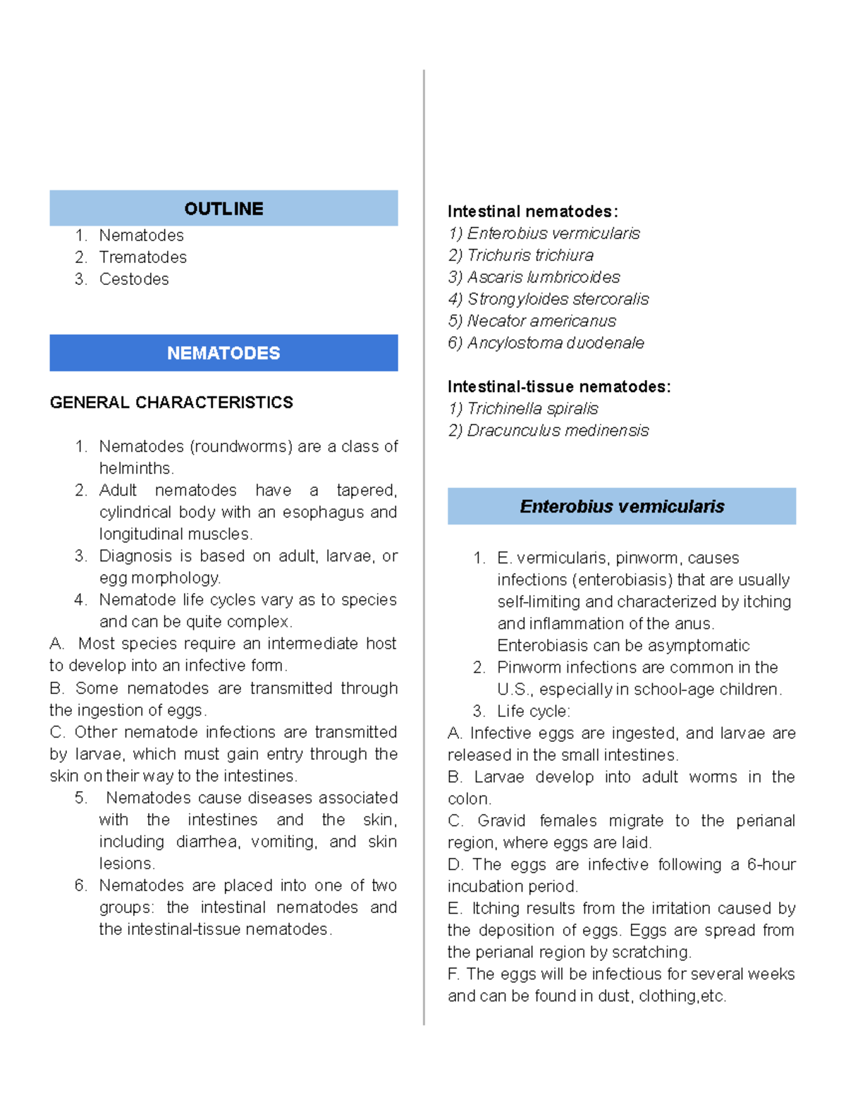Nematodes, Clinical Parasitology - OUTLINE Nematodes Trematodes ...