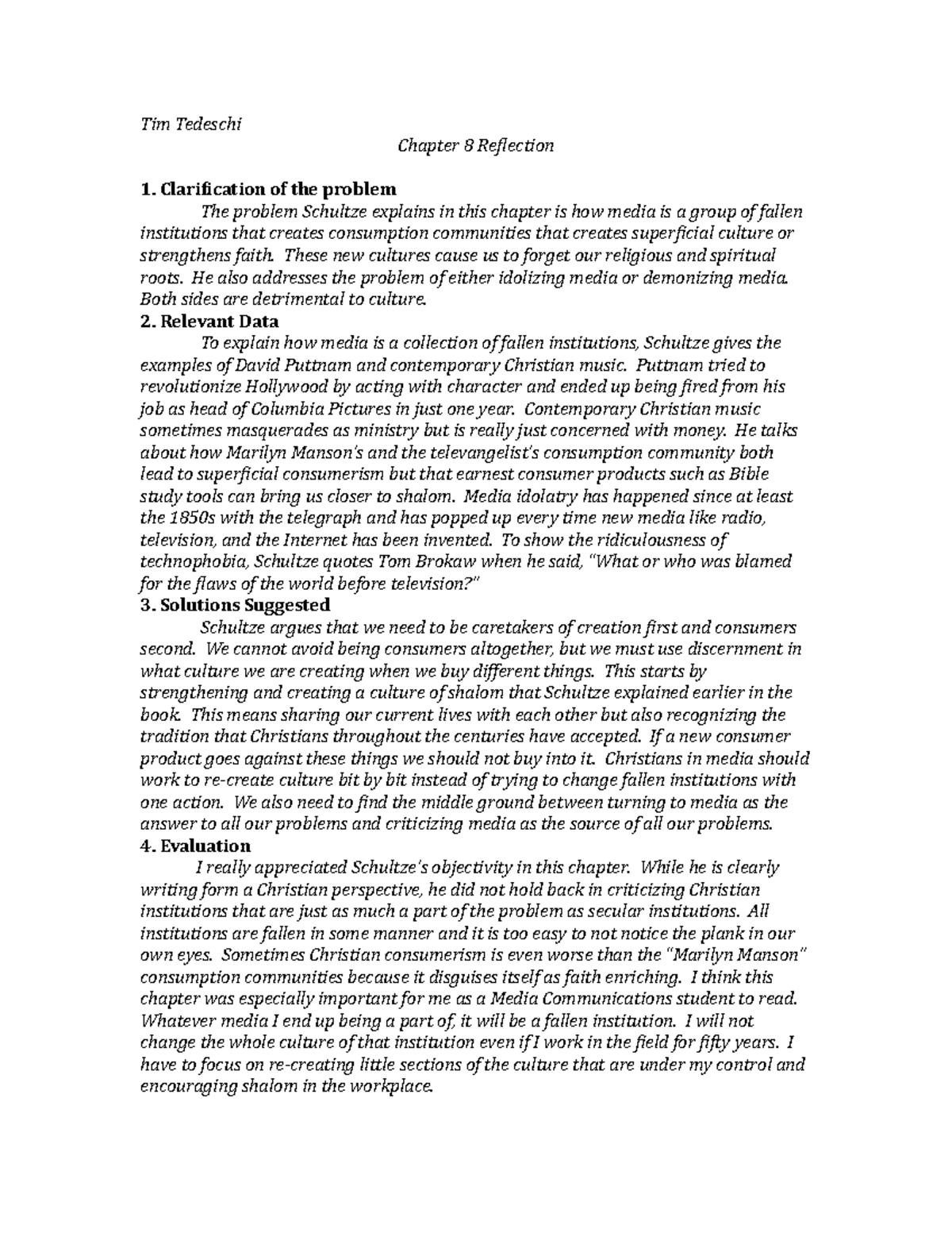 Chapter 8 Reflection - Tim Tedeschi Chapter 8 Reflection Clarification ...