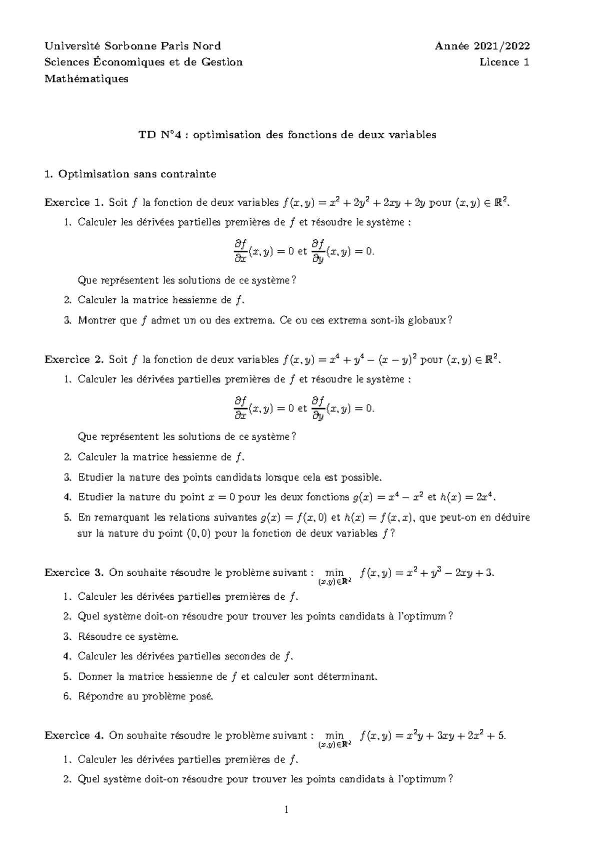 TD4 - TD 4 Mathématiques L1 économie et gestion - Université Sorbonne ...