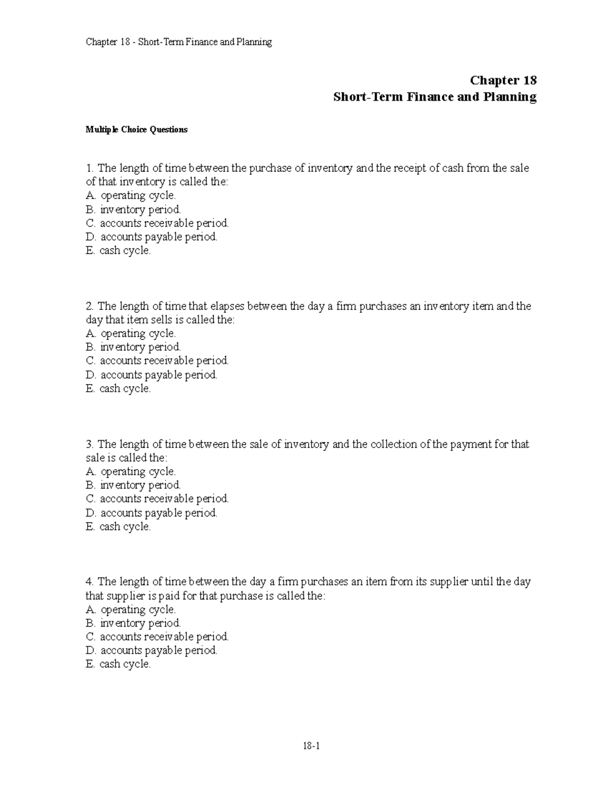 Chap018 Test Bank - Chapter 18 Short-Term Finance And Planning Multiple ...