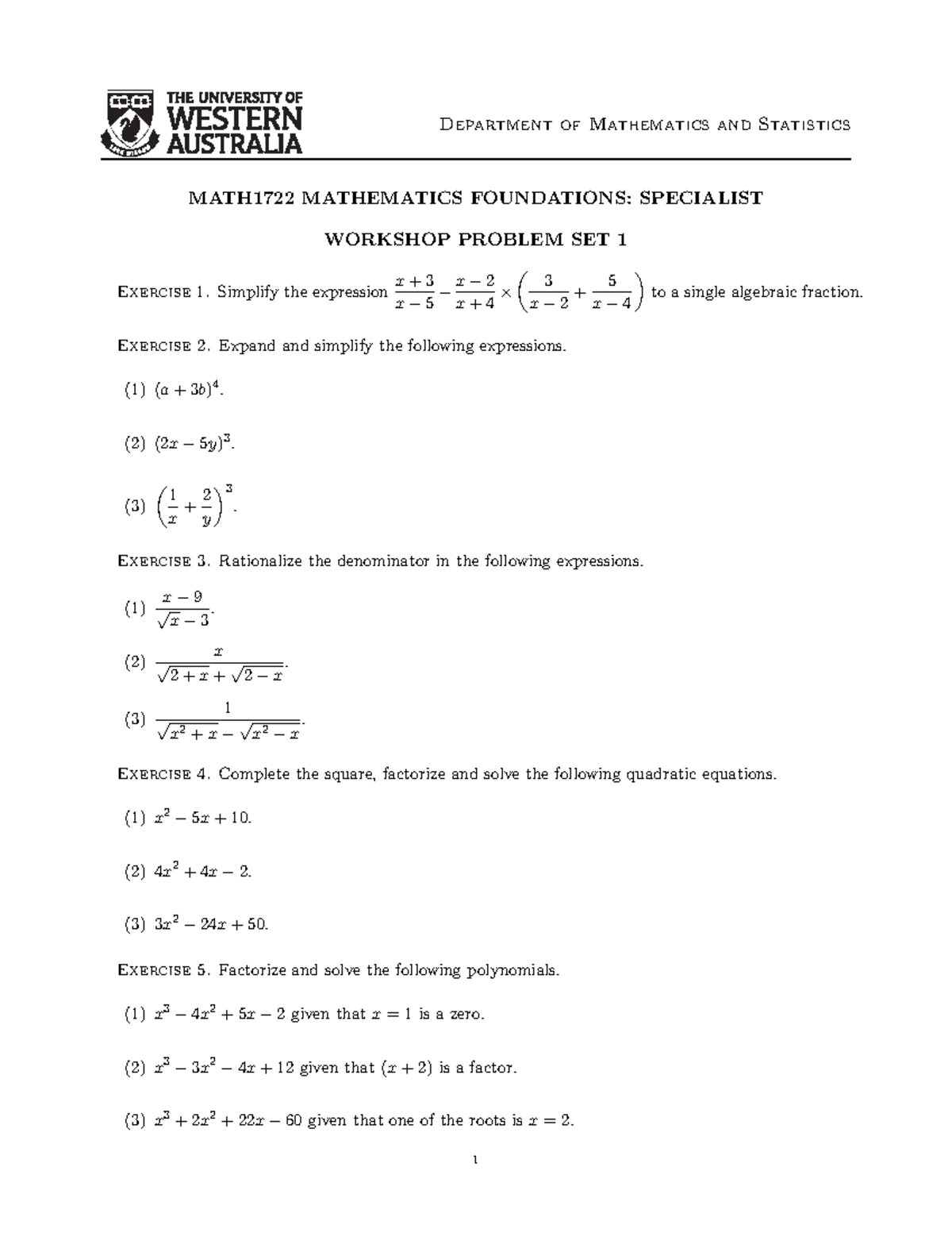 MATH1722 Workshop W01 - Department of Mathematics and Statistics ...