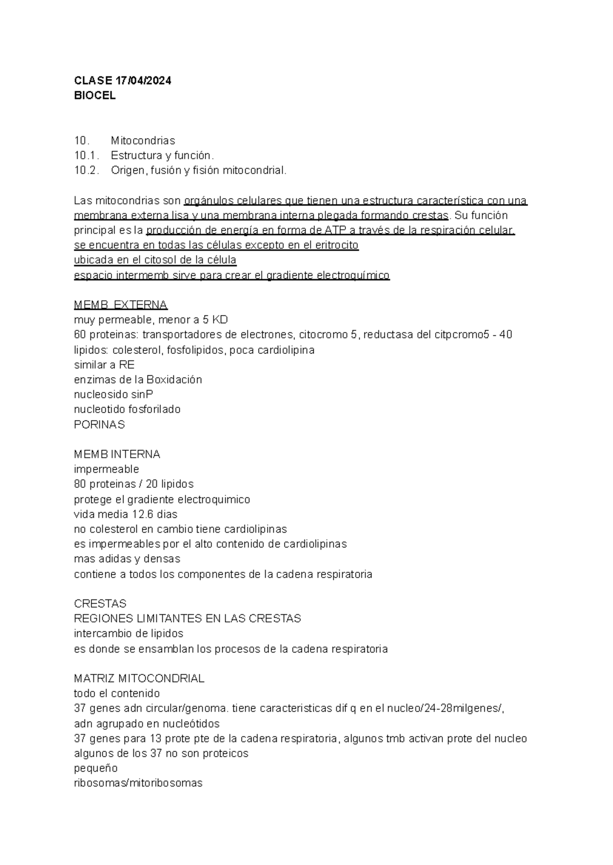 Biocel Clase - CLASE 17/04/ BIOCEL Mitocondrias Estructura y función ...