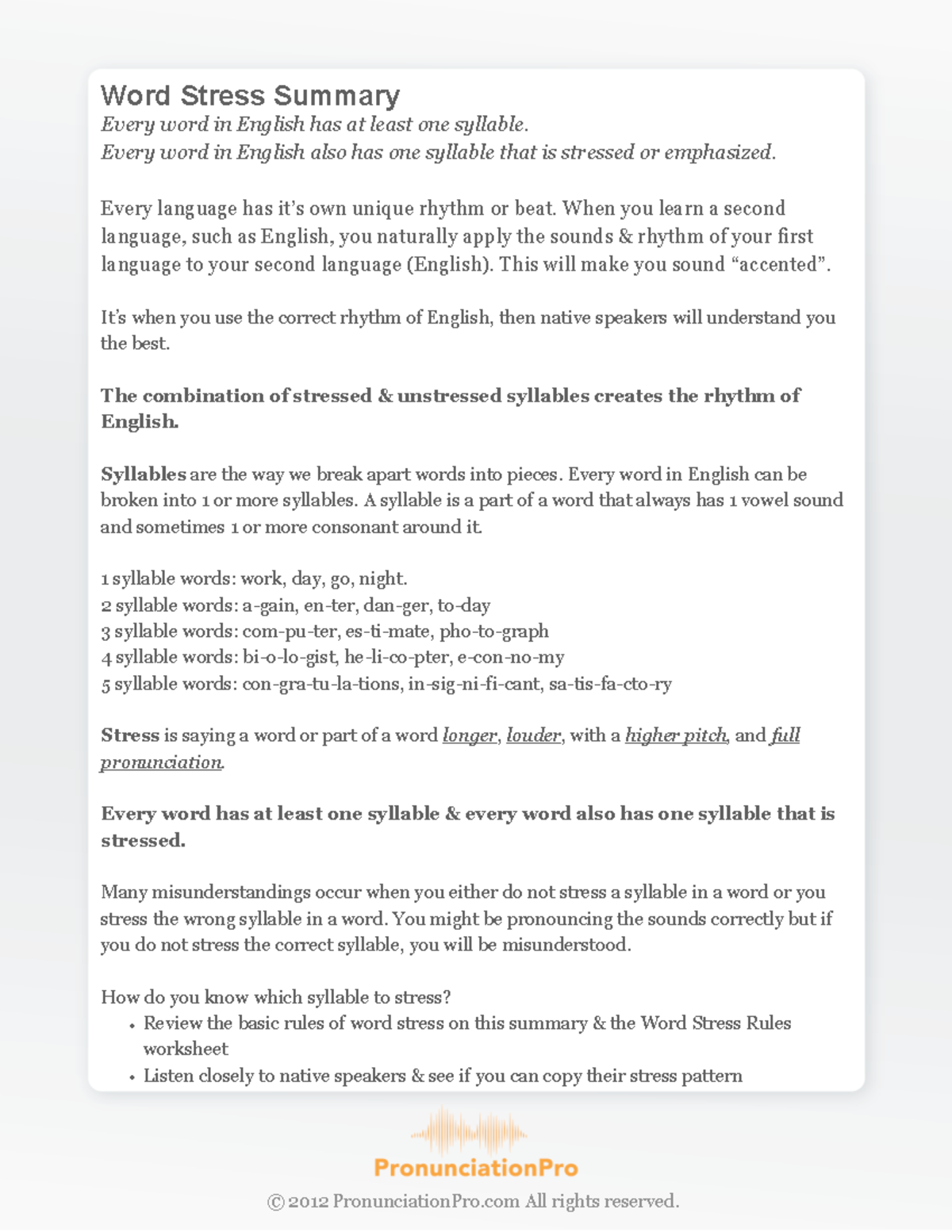 Word-Stress-WS - UNDERSTADING WORD STRESS - 51 Word Stress Summary ...