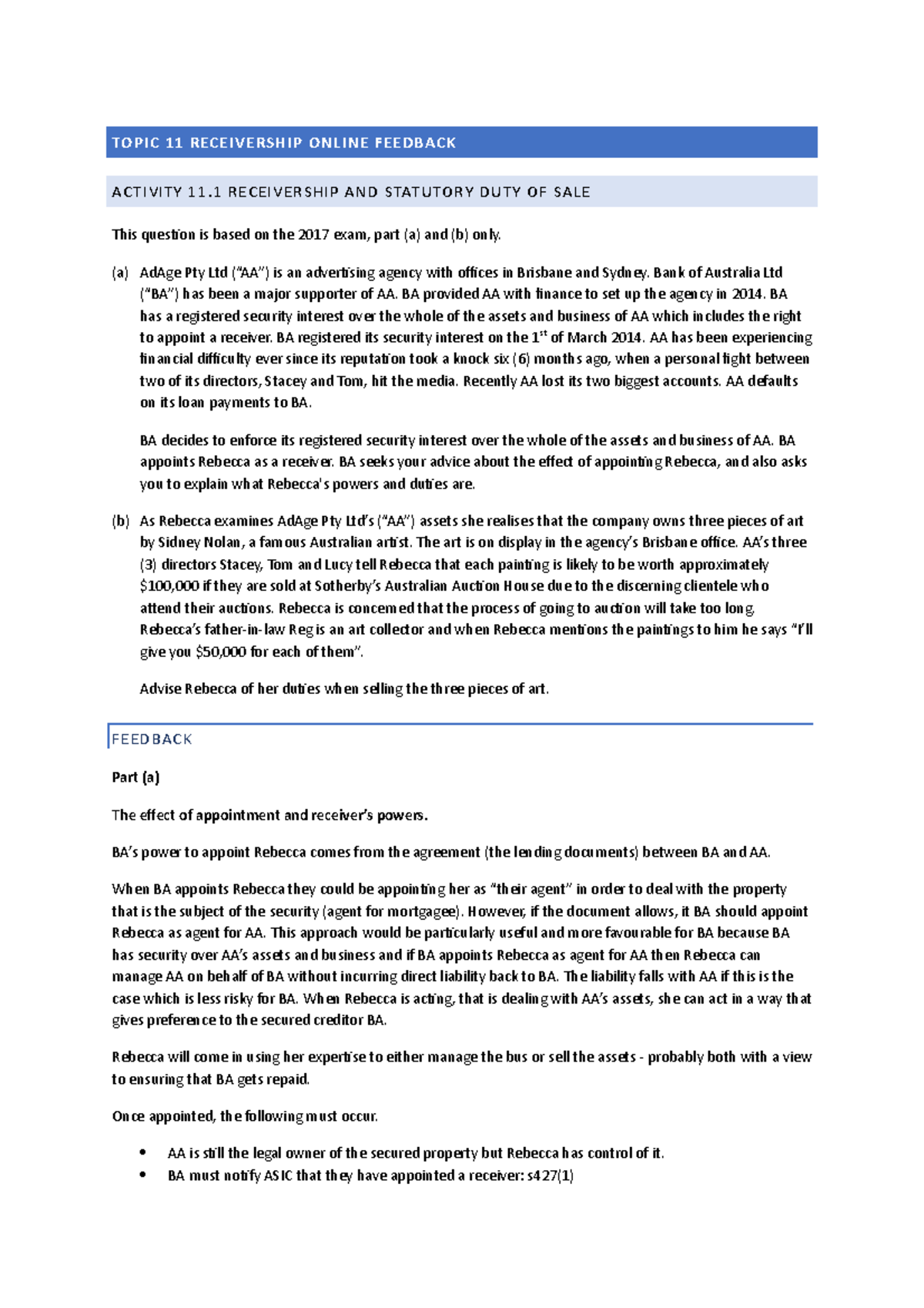 LLH305 Coporate Law Receivership Online Feedback TOPIC 11 RECE