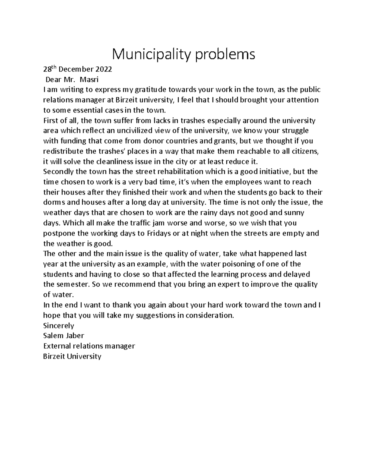 Complaint letter - strict - Municipality problems 28 th December 2022 ...