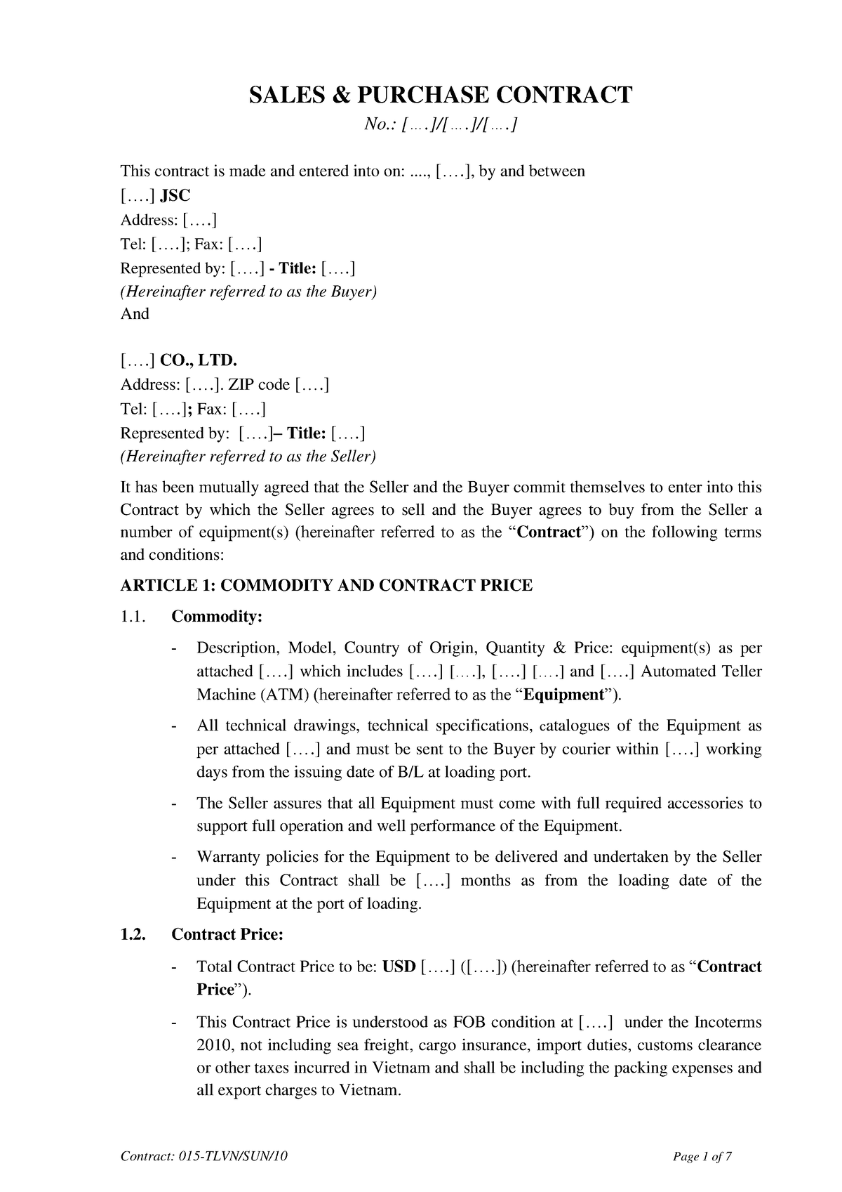 Mẫu số 22 - Sales & Purchase contract - Contract: 015-TLVN/SUN/10 Page ...