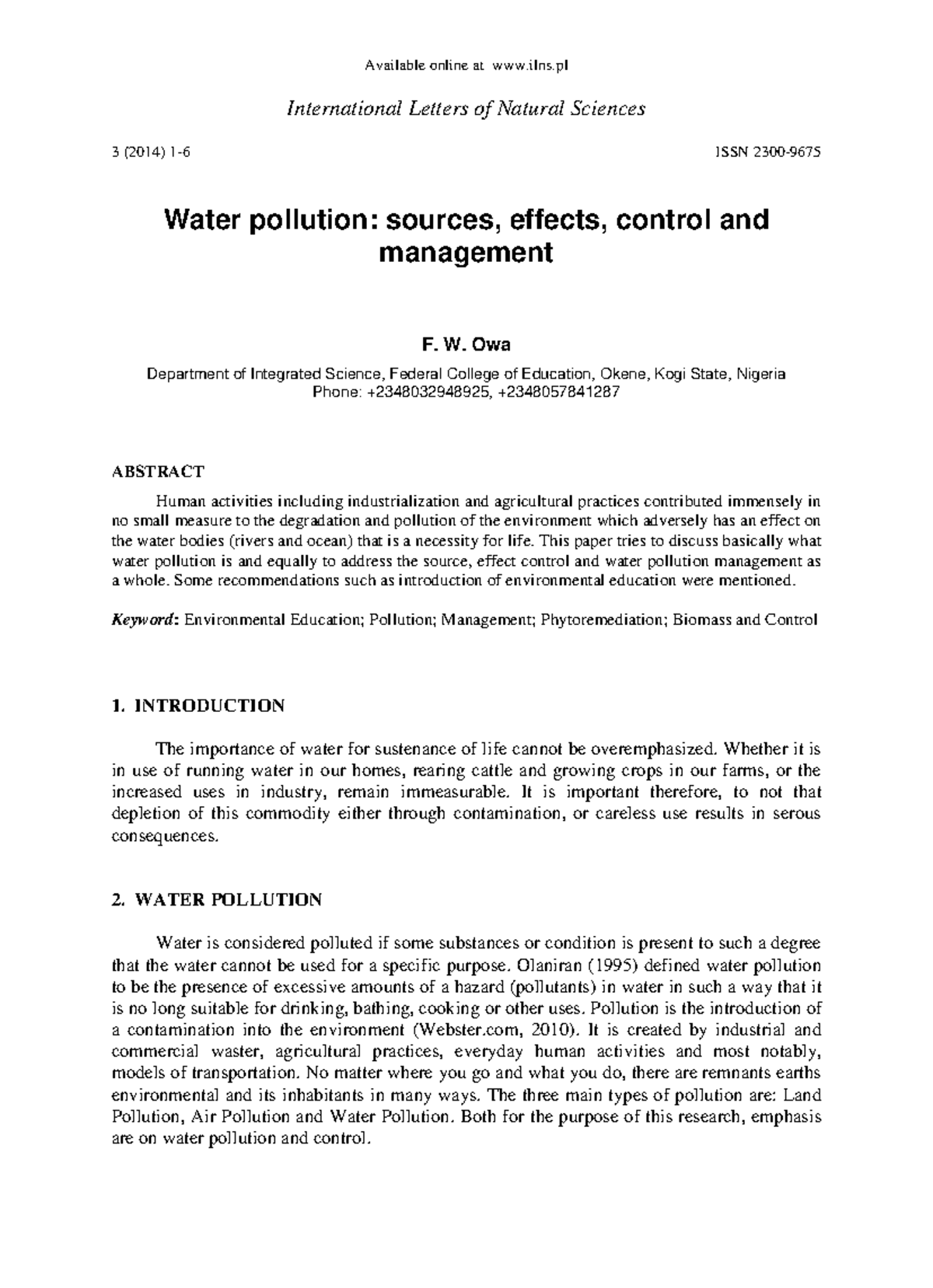 Water pollution sources effects con - Available online at ilns ...