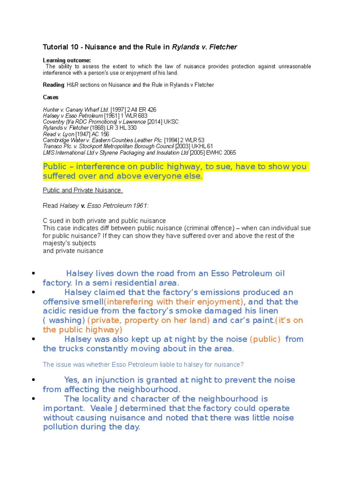 Tutorial 10 - Tutorial 10 - Nuisance and the Rule in Rylands v ...