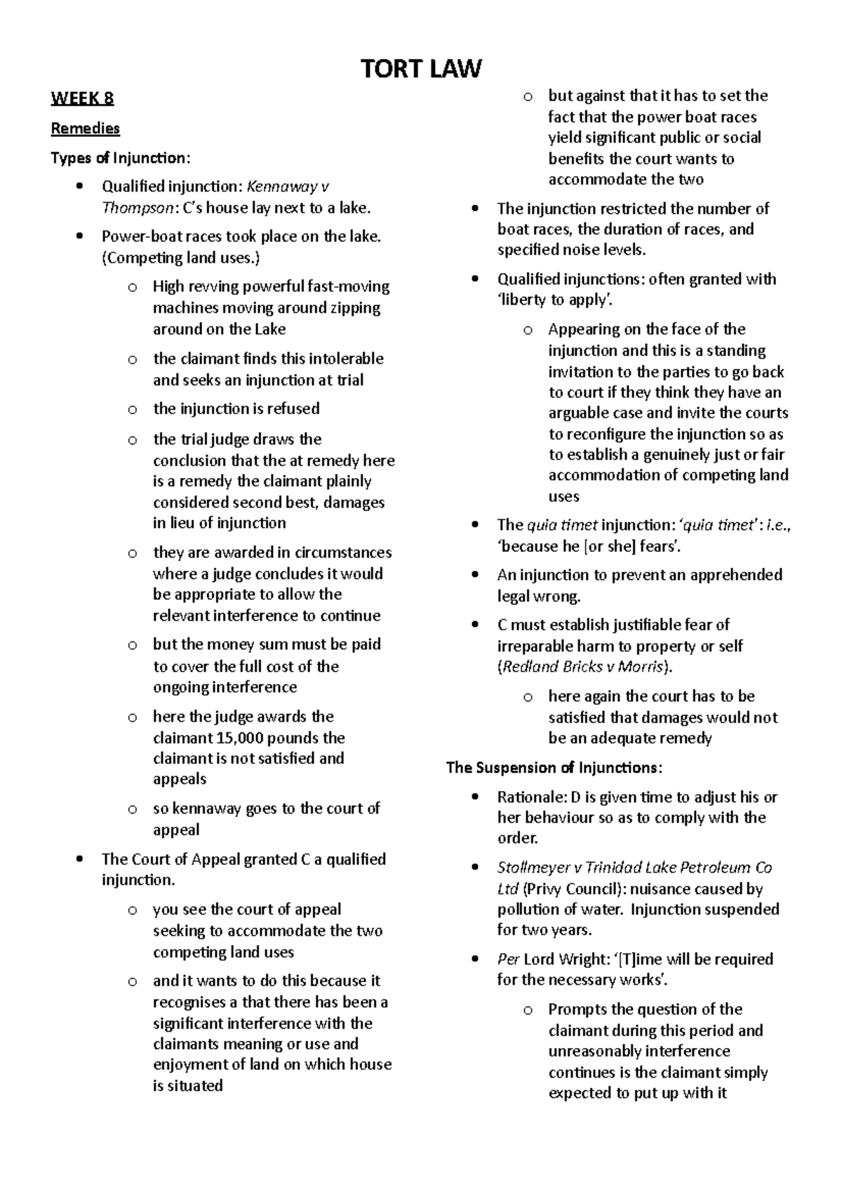 WEEK 8 - Lecture Notes 8 - WEEK 8 Remedies Types Of Injunction ...