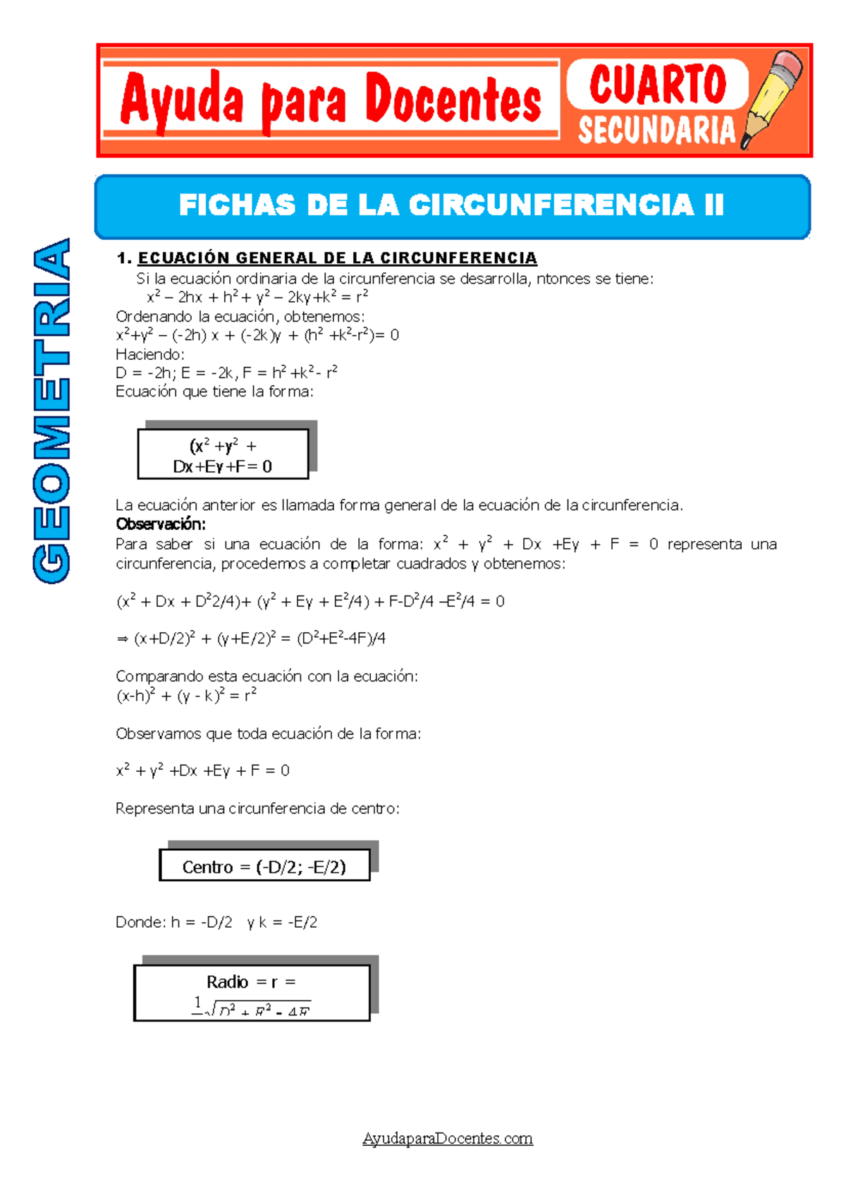 Fichas de la Circunferencia II Para Cuarto de Secundaria - 1. ECUACIÓN ...