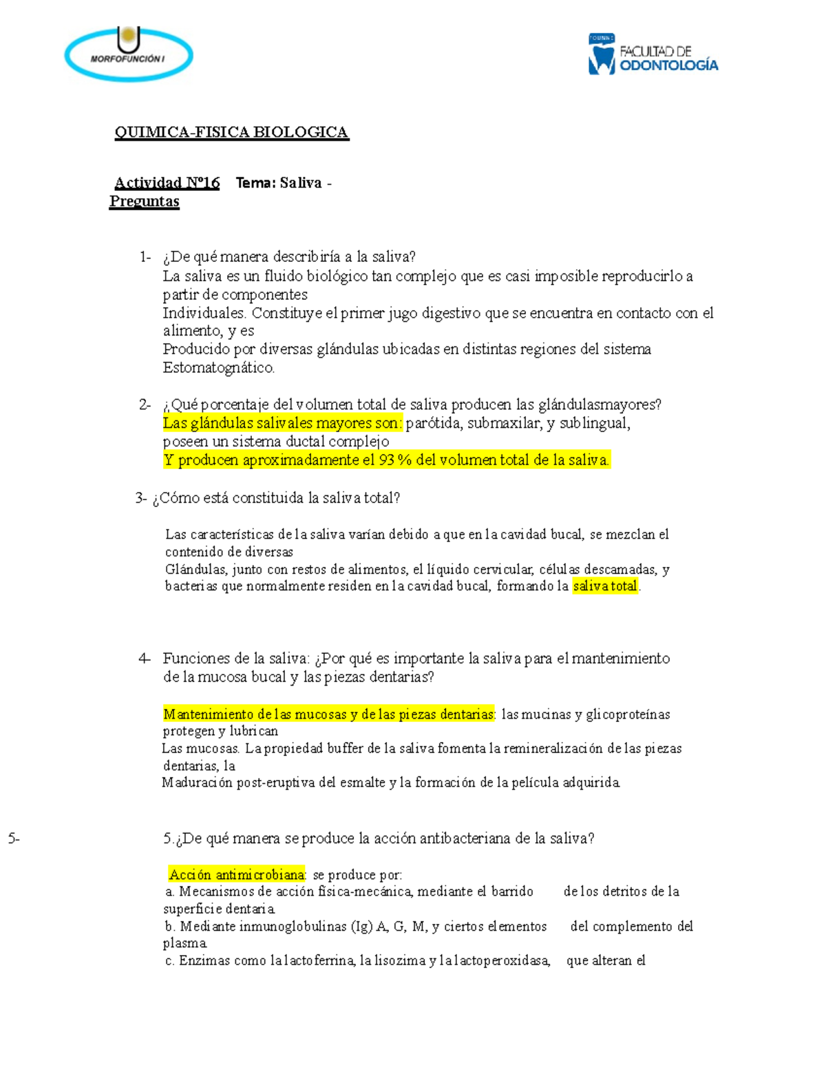 Quimica Saliva QUIMICAFISICA BIOLOGICA Actividad Nº16 Tema Saliva