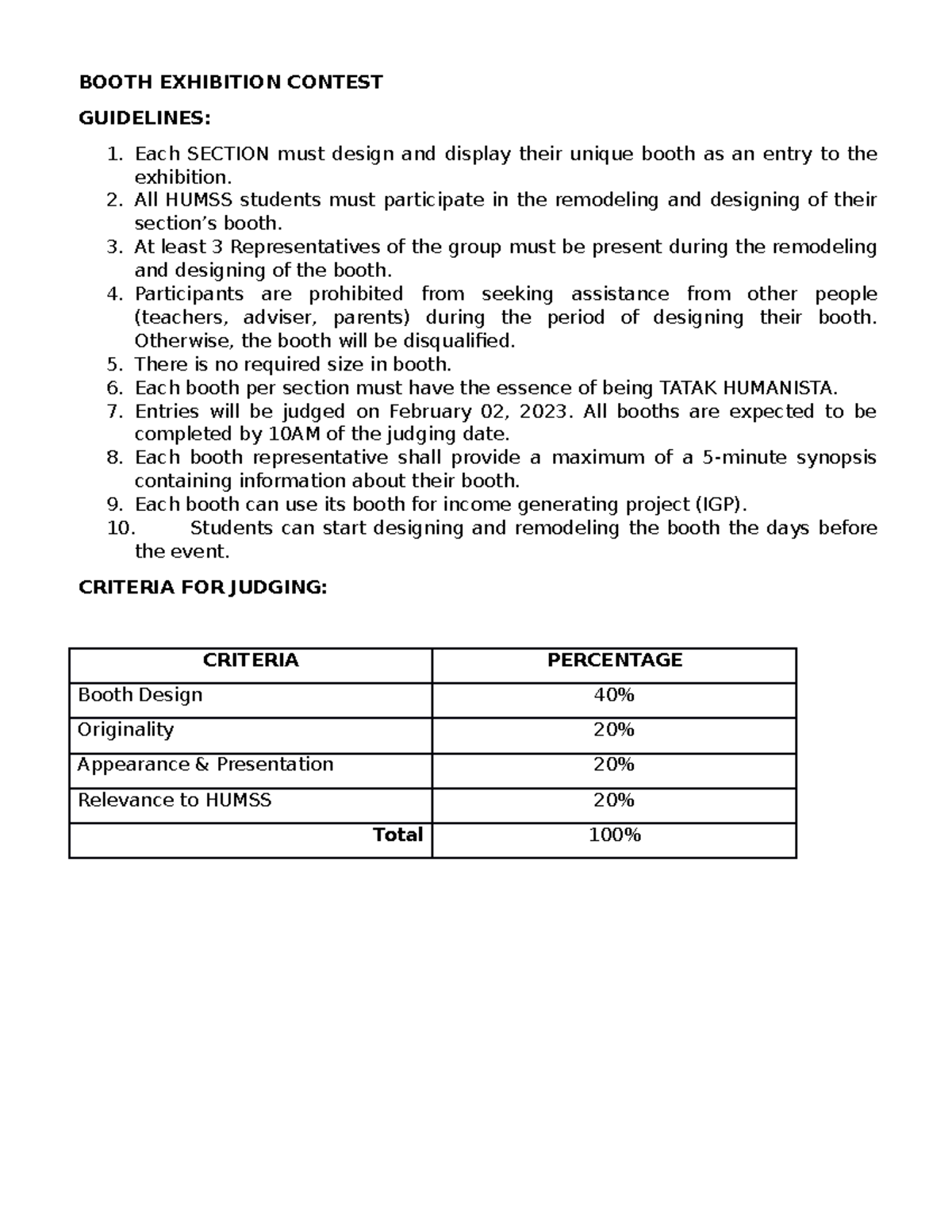 Aaaaaa Dfghjkl BOOTH EXHIBITION CONTEST GUIDELINES Each SECTION 
