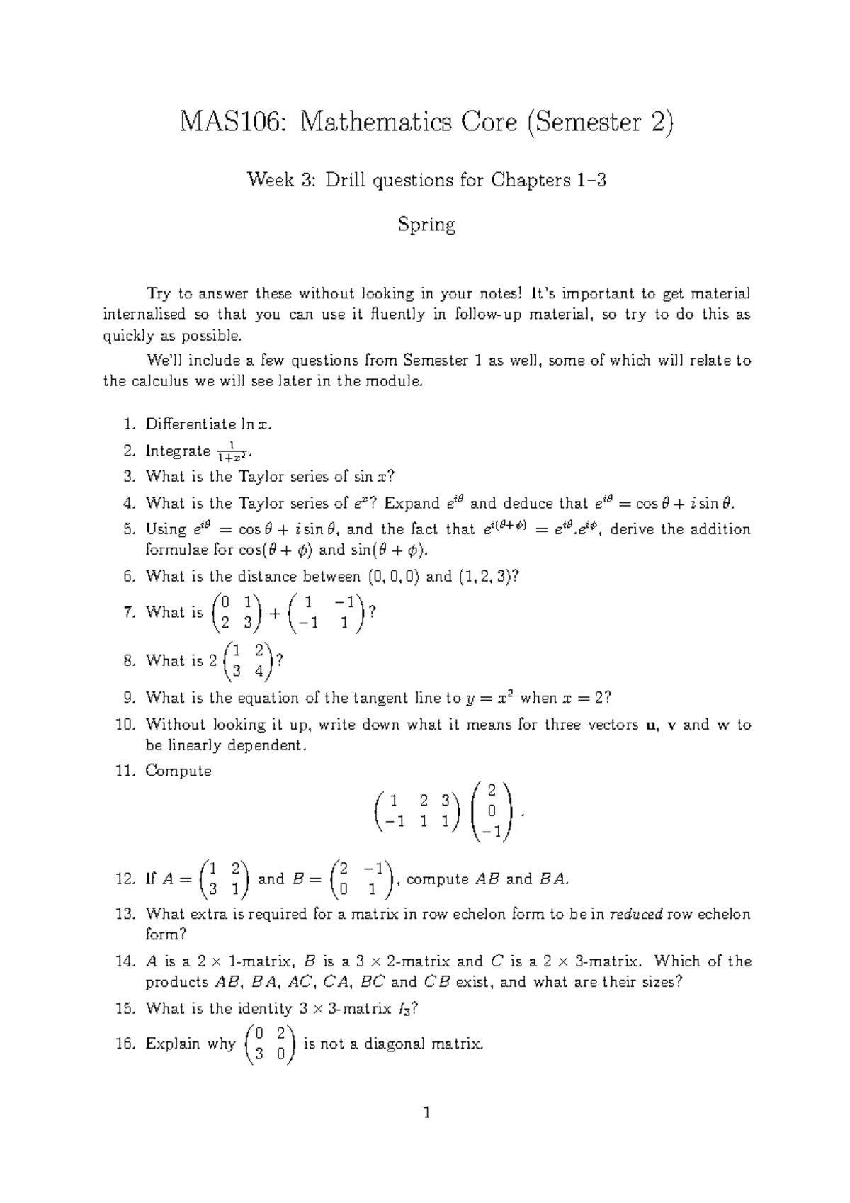 MAS106 S2 weekly week3prob - MAS106: Mathematics Core (Semester 2) Week ...