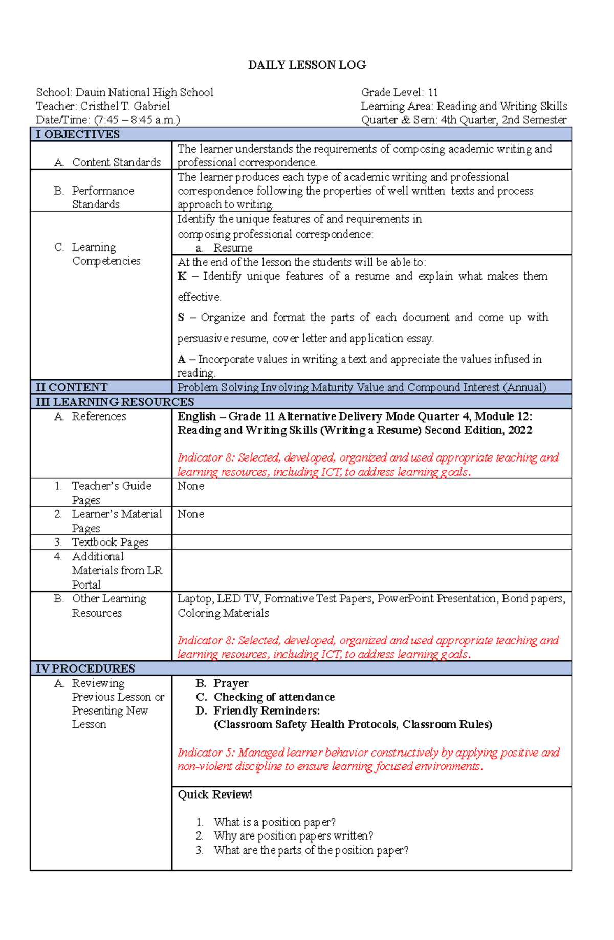 DLL CO Resume Sample lesson plan - Thumb 1200 1835 