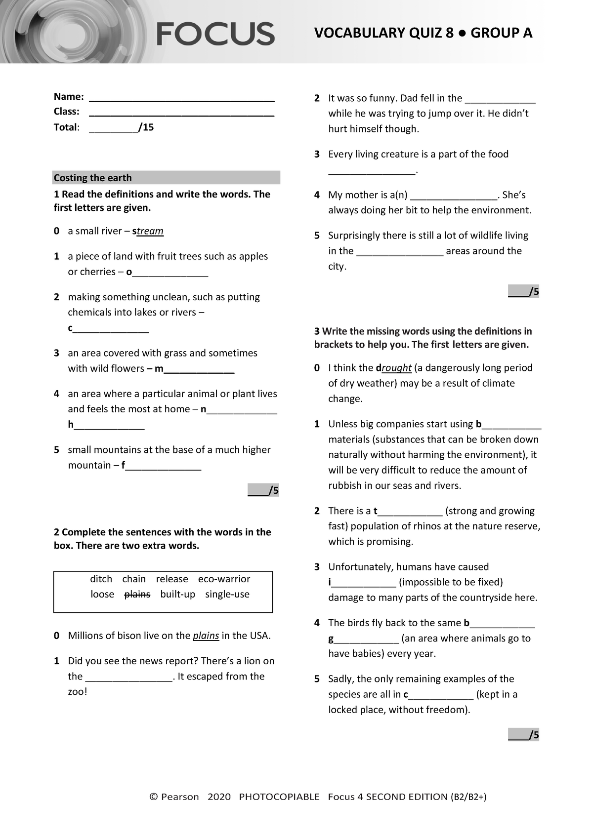 Focus 4 2E Vocabulary Quiz Unit8 Group A - © Pearson 2020 PHOTOCOPIABLE ...