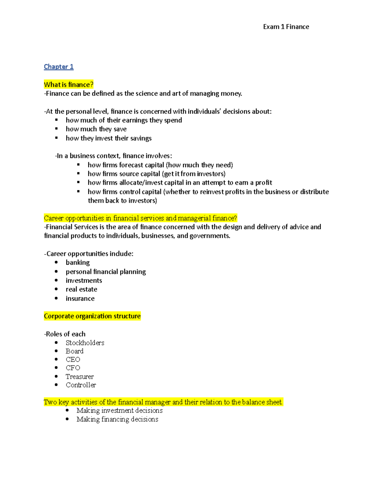Notes for finance exam 1 chapters 1-3/4 - Exam 1 Finance Chapter 1 What ...