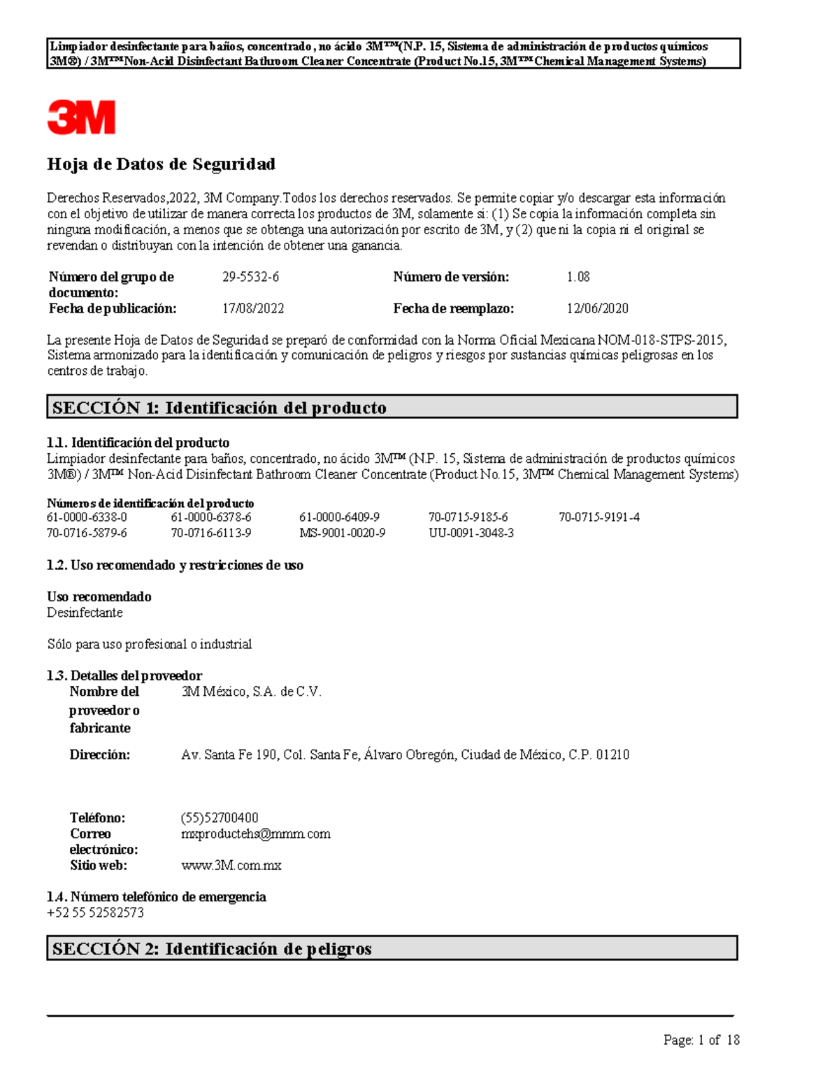 15L 3M Higiene 3M®) / 3M™ NonAcid Disinfectant Bathroom Cleaner