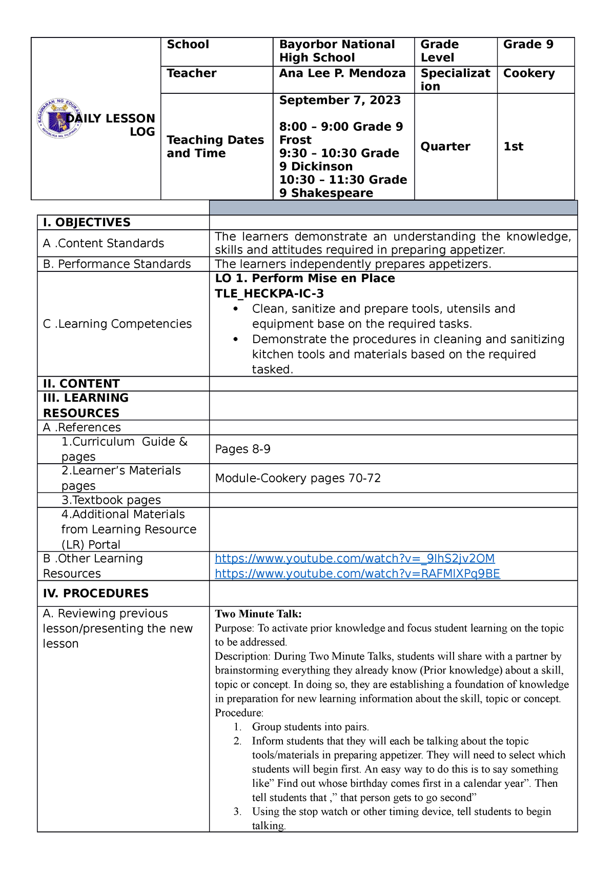 LO-1 - none - DAILY LESSON LOG School Bayorbor National High School ...