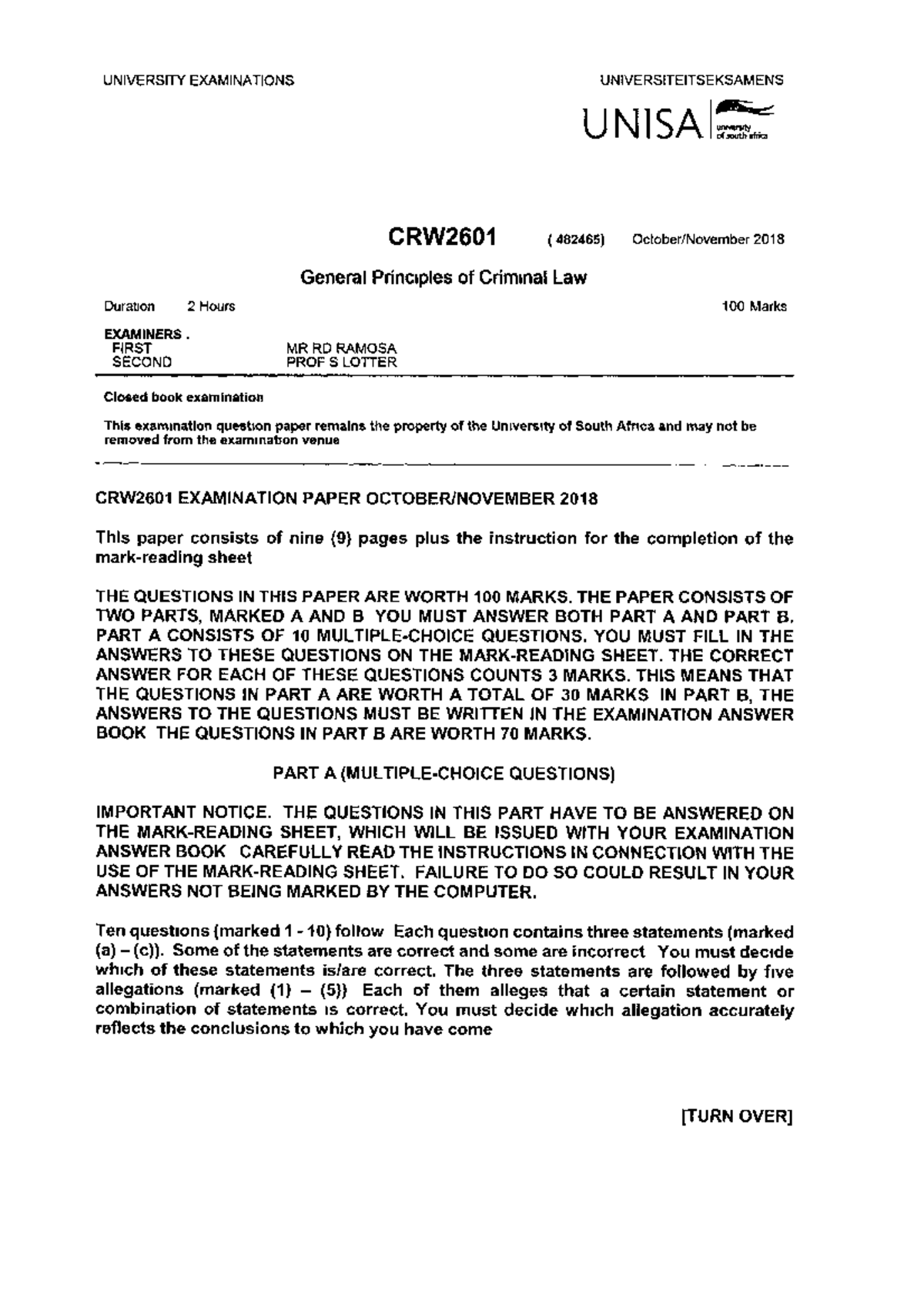 CRW2601-2018-10-E-1 - Exam paper for second year students - crw2601 ...