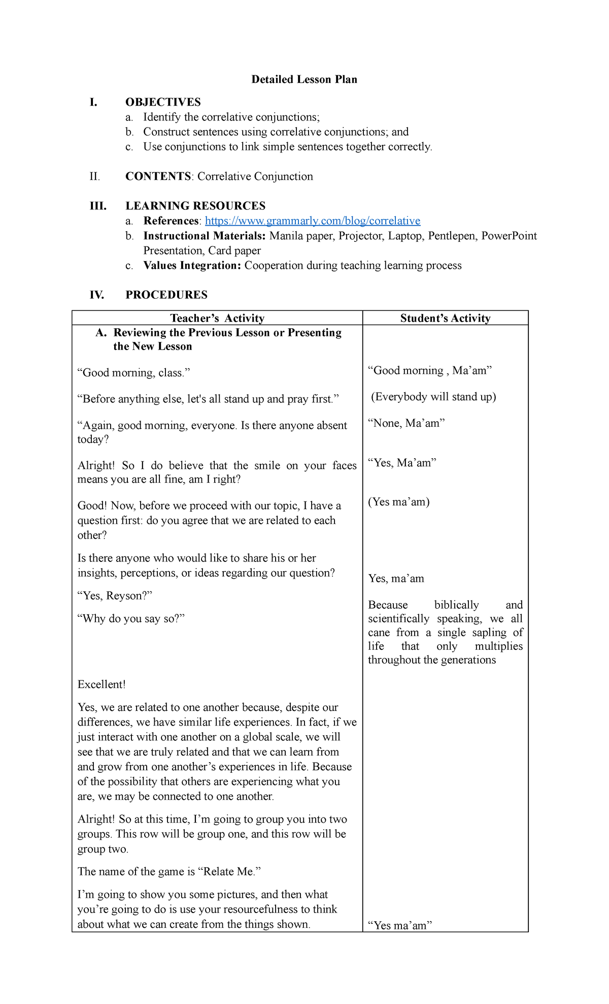Lesson Plan By Shiela - DLP - Detailed Lesson Plan I. OBJECTIVES a ...
