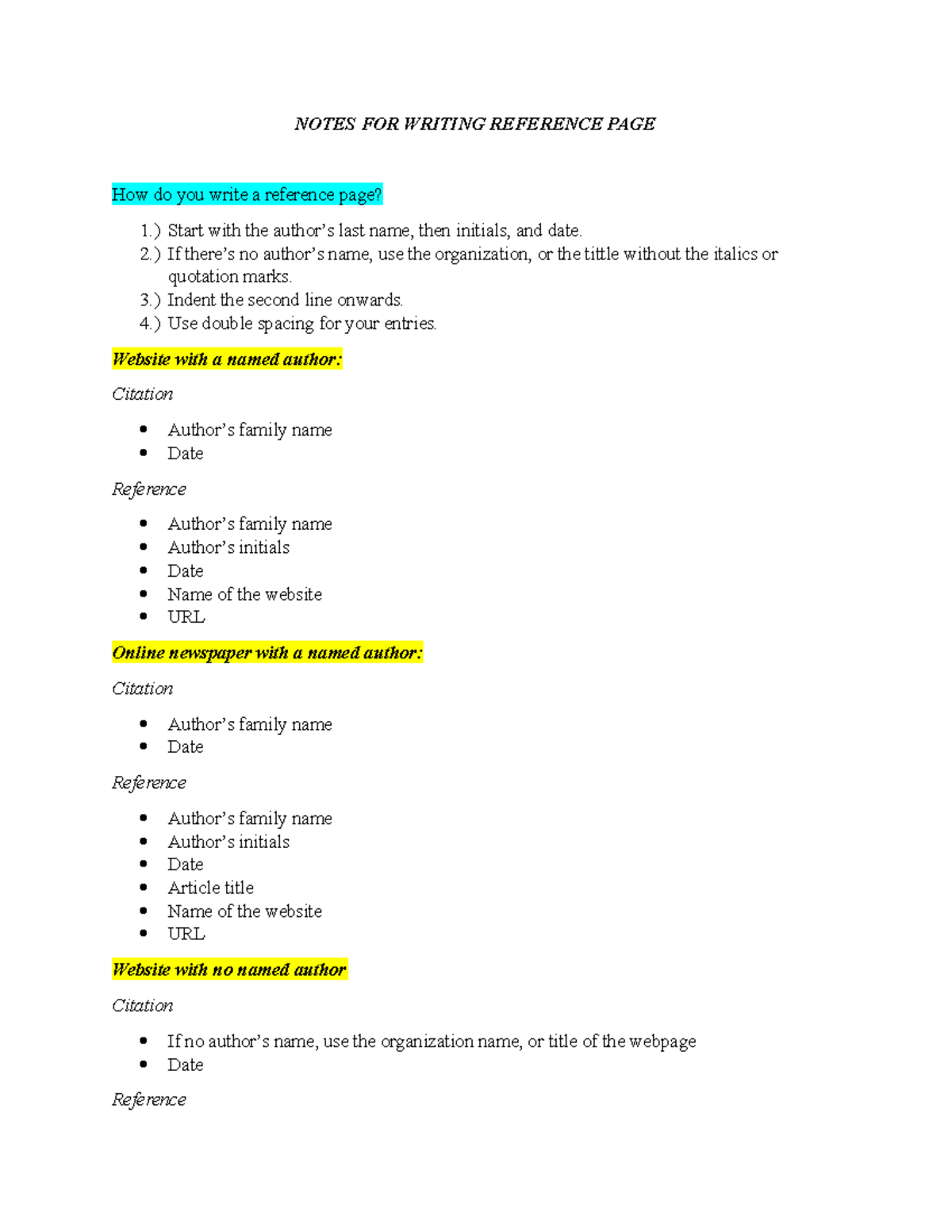 Notes FOR Writing Reference PAGE - NOTES FOR WRITING REFERENCE PAGE How