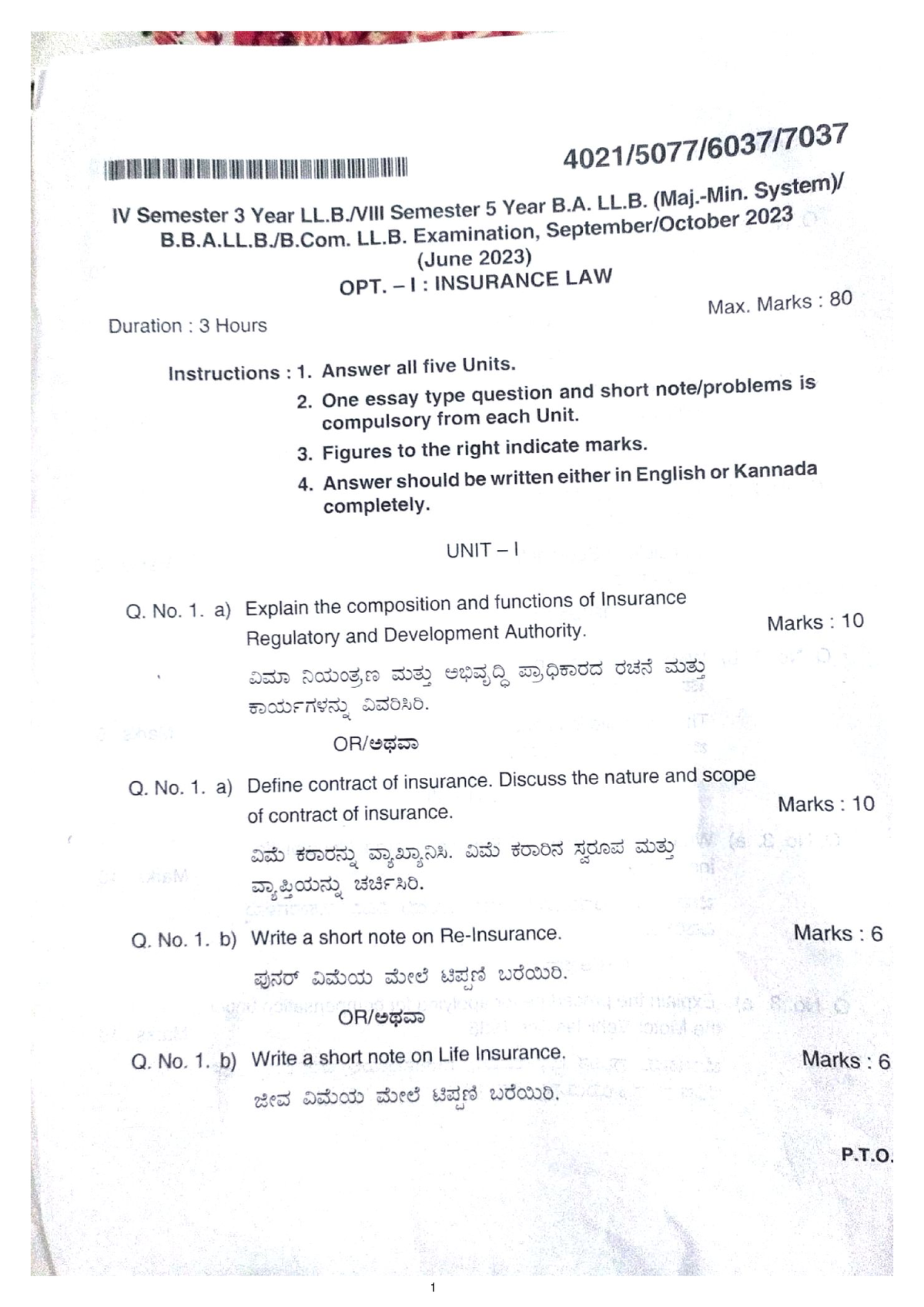 Oo - QUESTION PAPER (2023 )INSURANCE - Insurance Law - Studocu