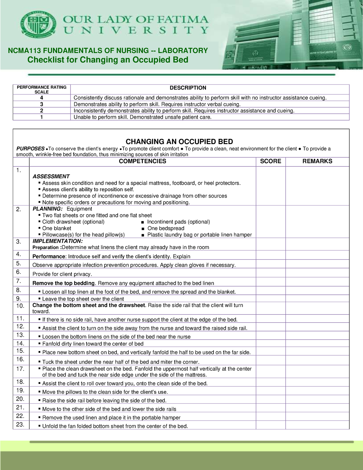 NCMA113 Checklist for Changing An Occupied Bed - PERFORMANCE RATING ...