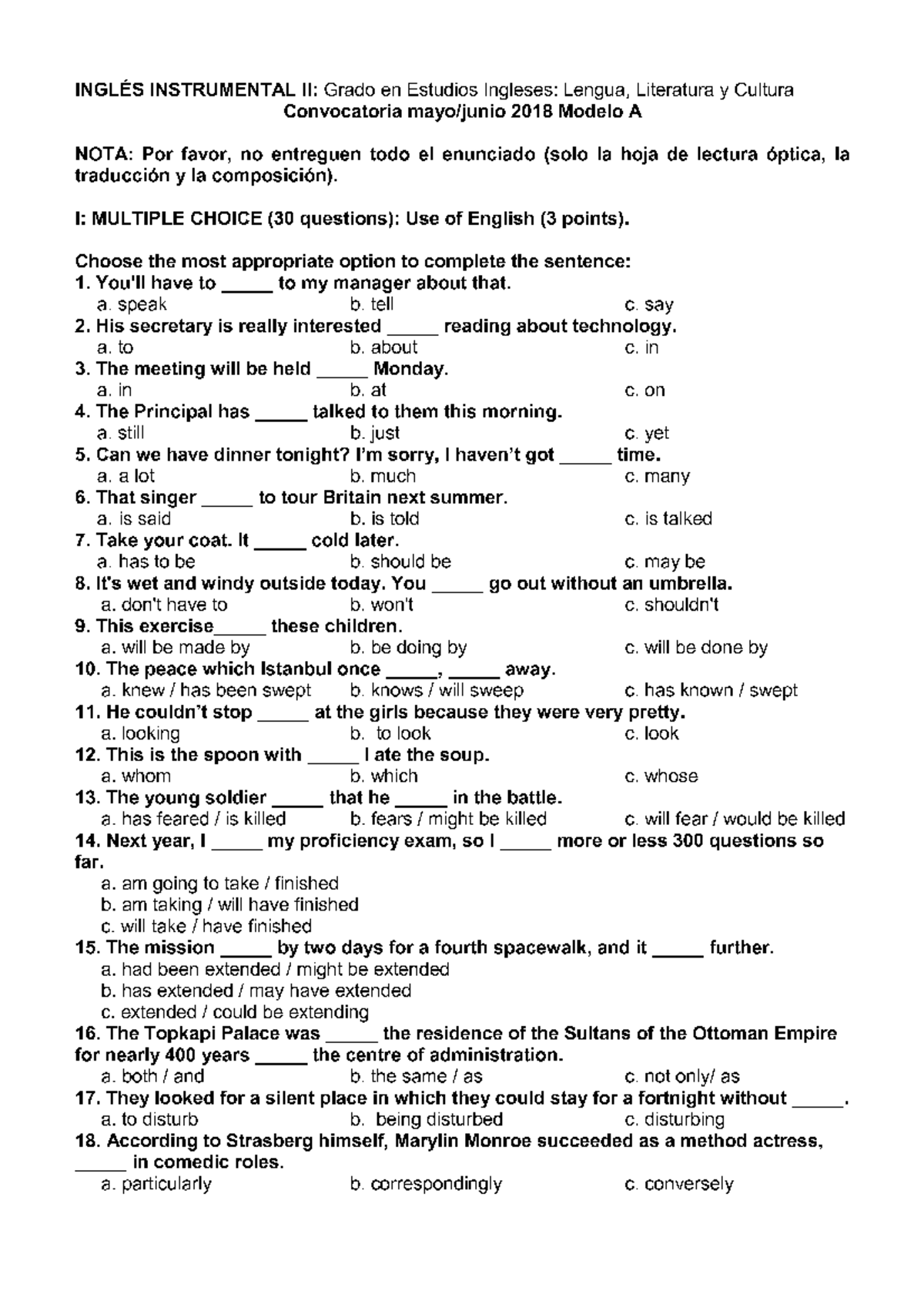 Examen 8 Junio, preguntas - INGLES INSTRUMENTAL ll: Grado en Estudios ...