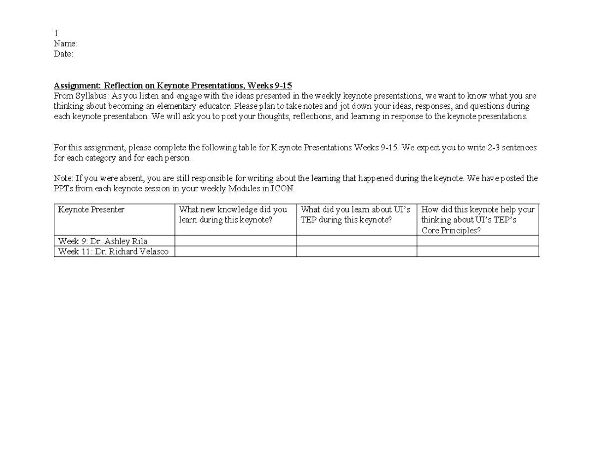 Keynote Project, Part 2 - 1 Name: Date: Assignment: Reflection on ...
