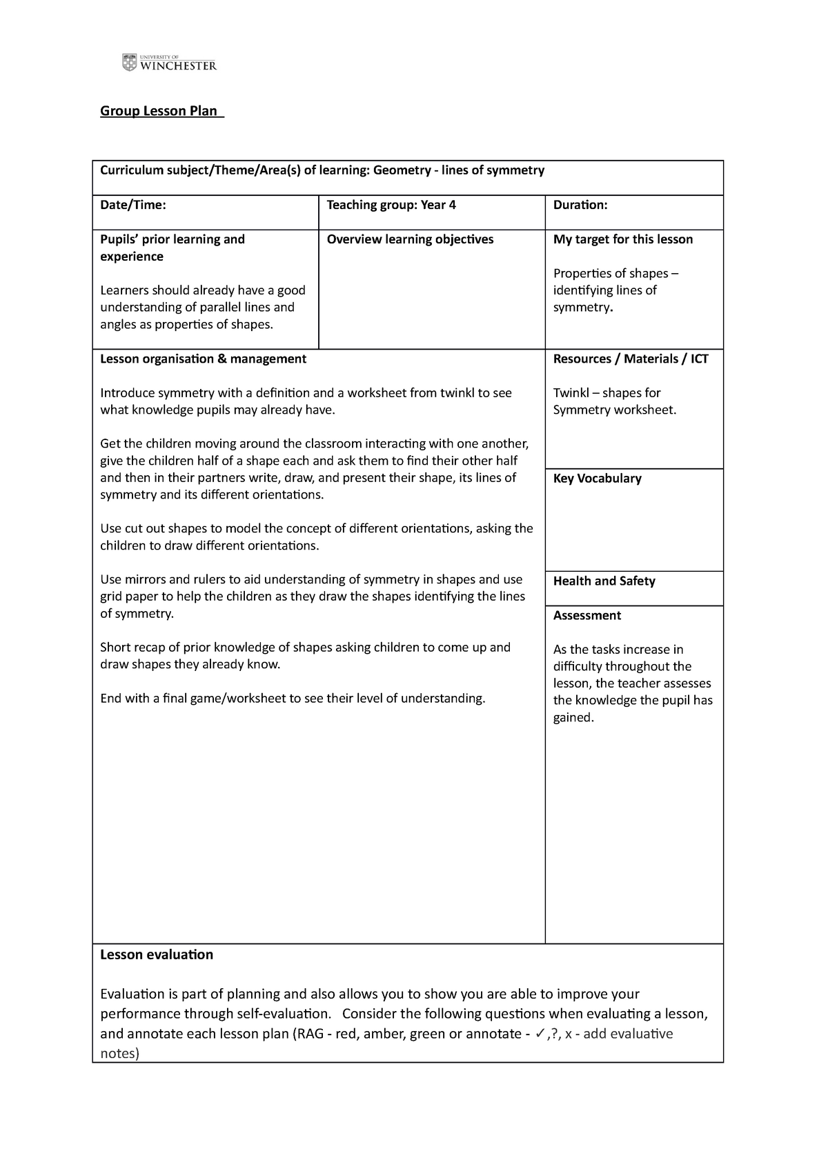 Group Lesson Plan - geometry year 4 - Group Lesson Plan Curriculum ...