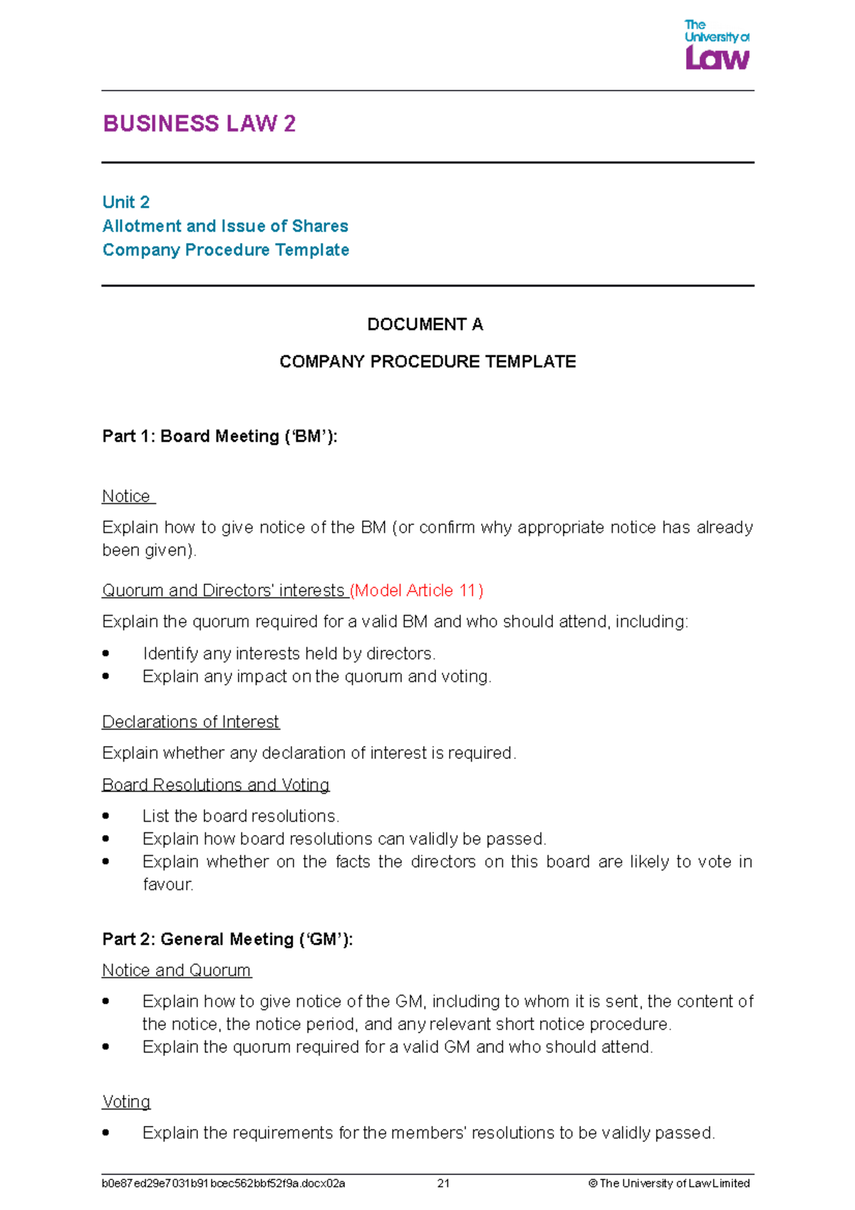 Company procedure template - BUSINESS LAW 2 Unit 2 Allotment and Issue ...