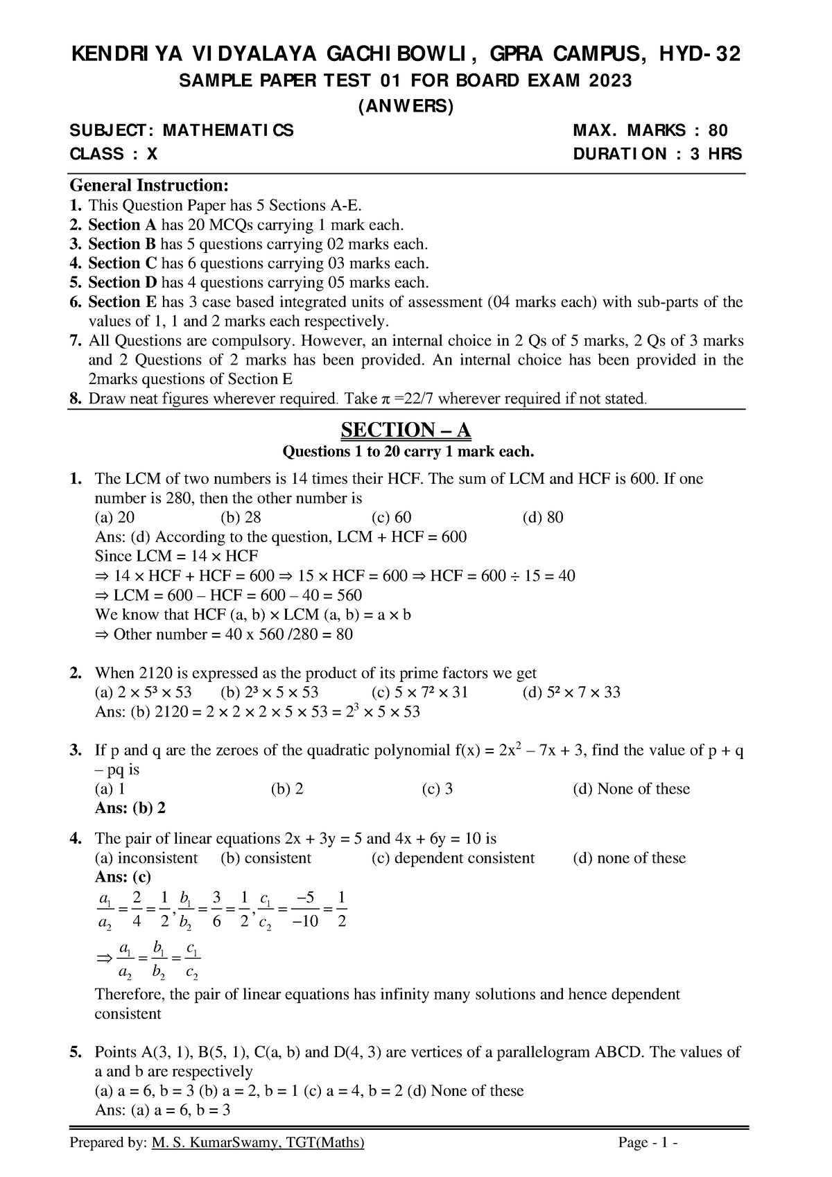 Maths Class X Sample Paper Test 01 For Board Exam 2023 Answers ...