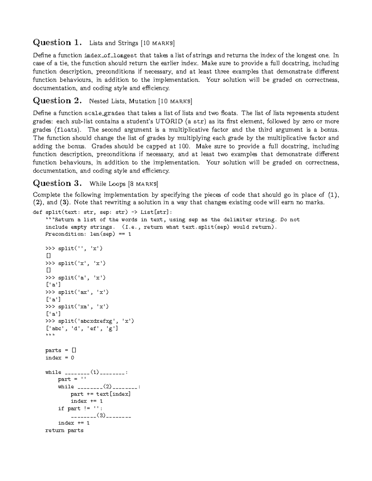 F21 test2 - Question 1. Lists and Strings [10 marks] Define a function ...