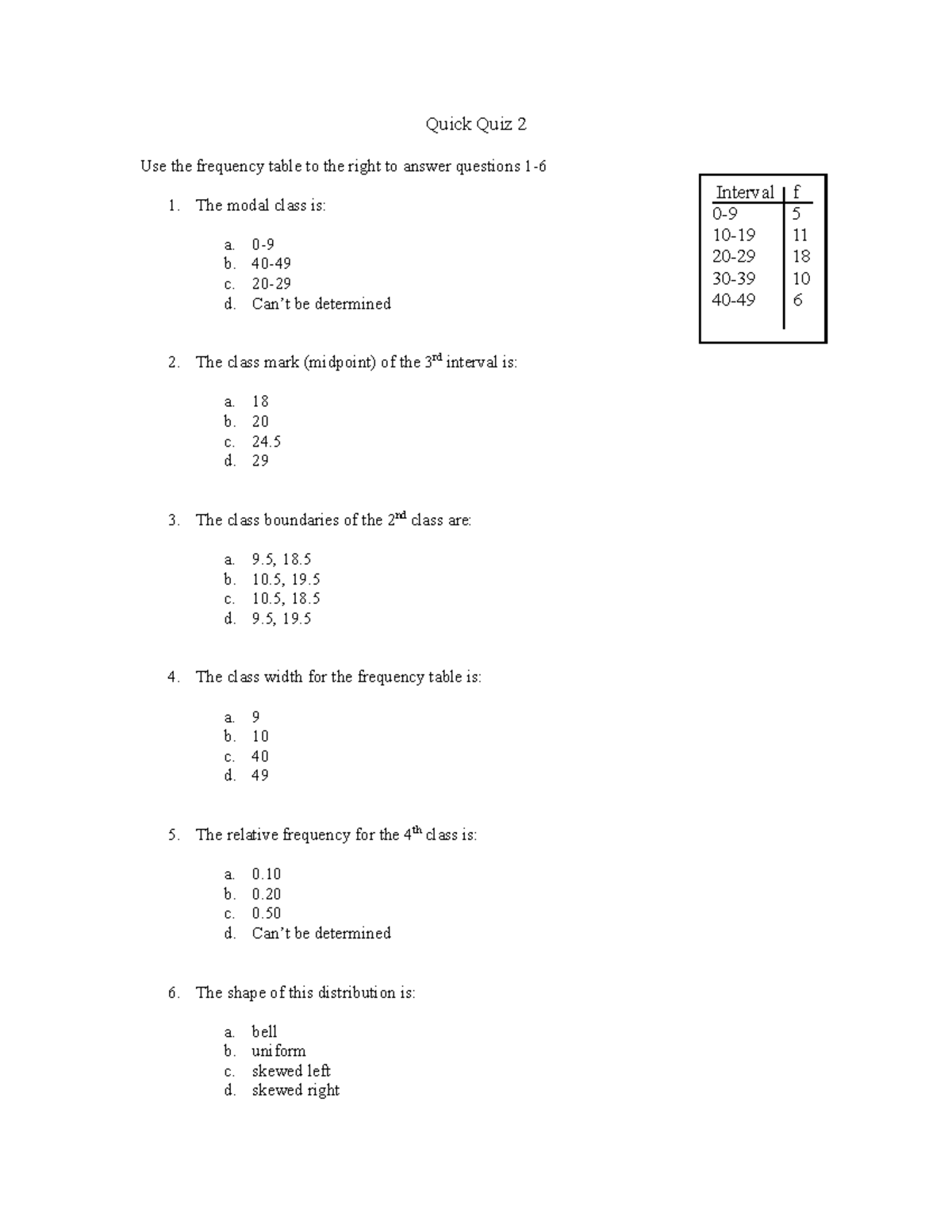 Quick quiz 2 - Quick Quiz 2 Use the frequency table to the right to ...