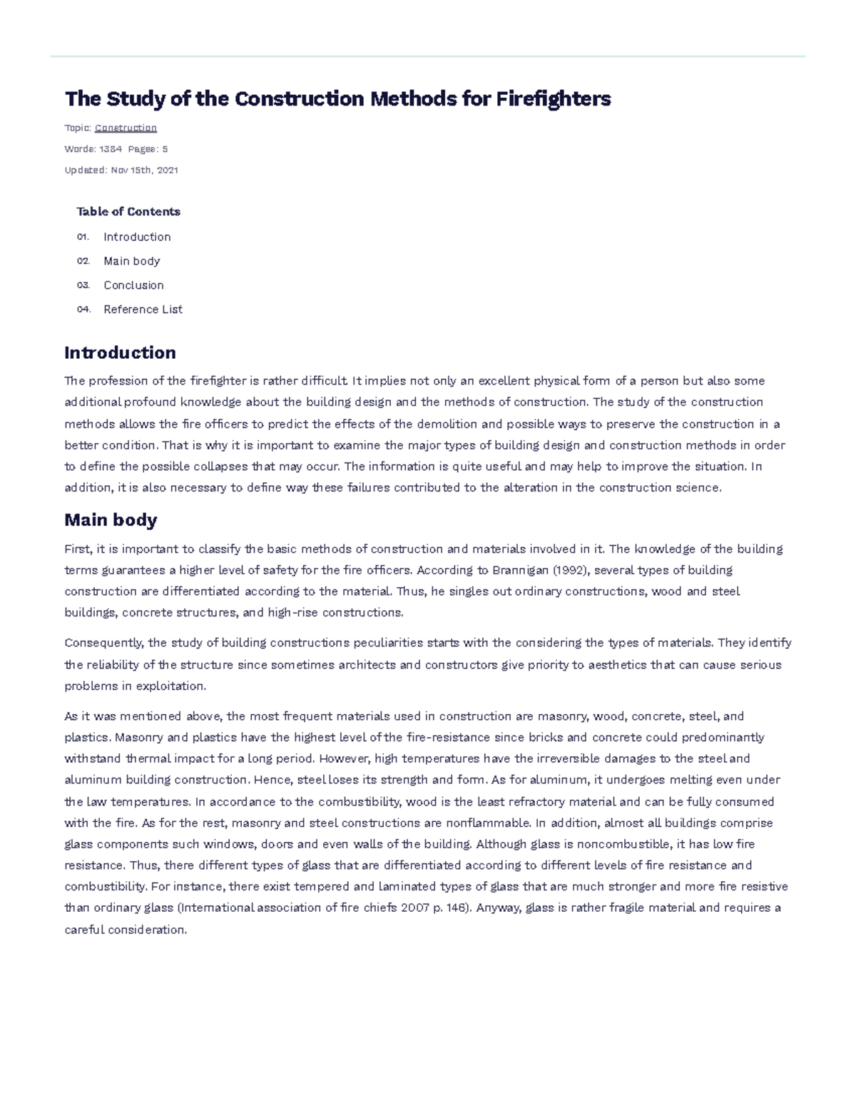 The Study of the Construction Methods for Firefighters Free Essay