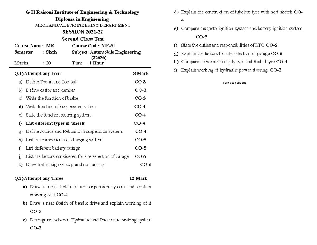 AEN PTT 2 Question bank Samplr paper of Automobile and Hydraulics and