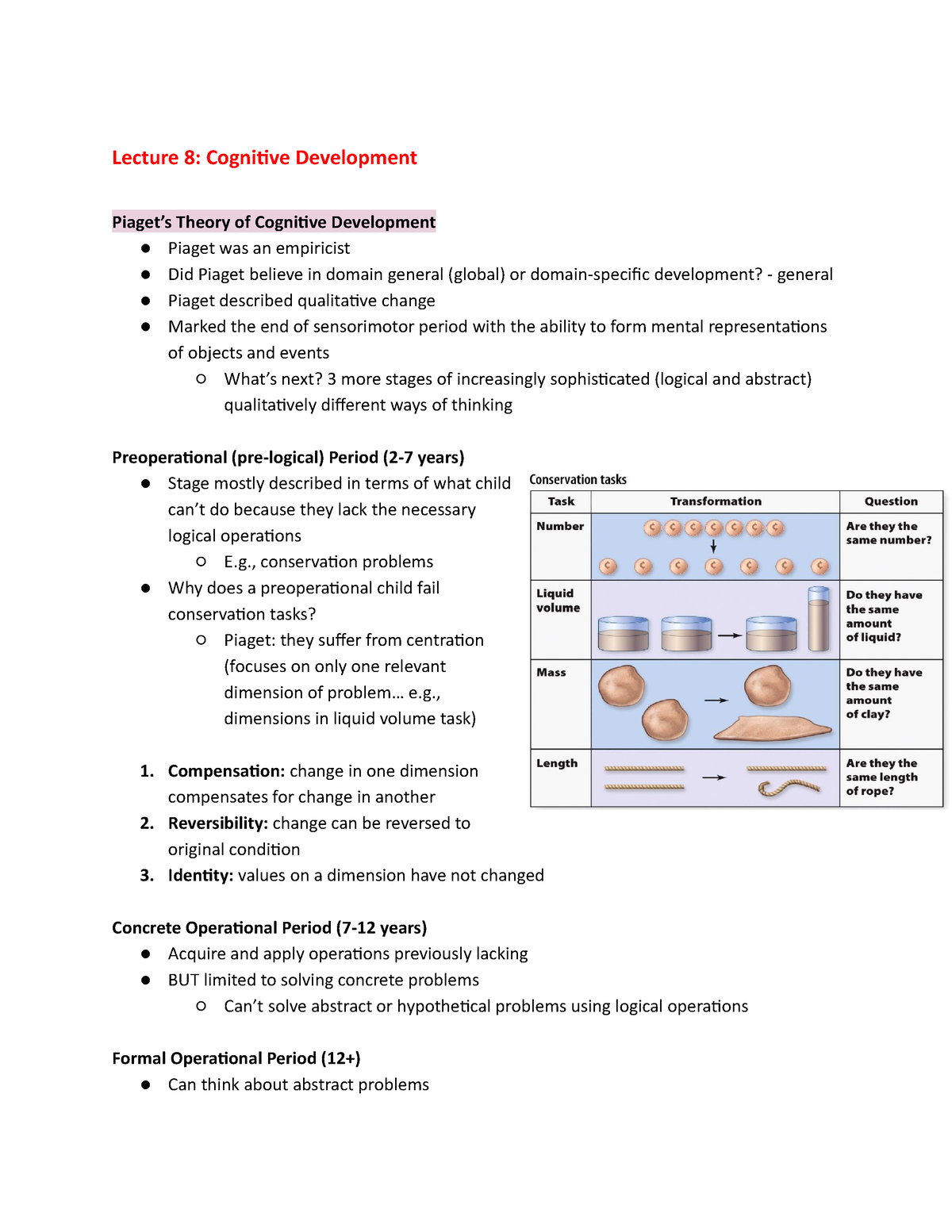 Psych 2410 Final Exam Notes Lecture 8 Cognitive Development