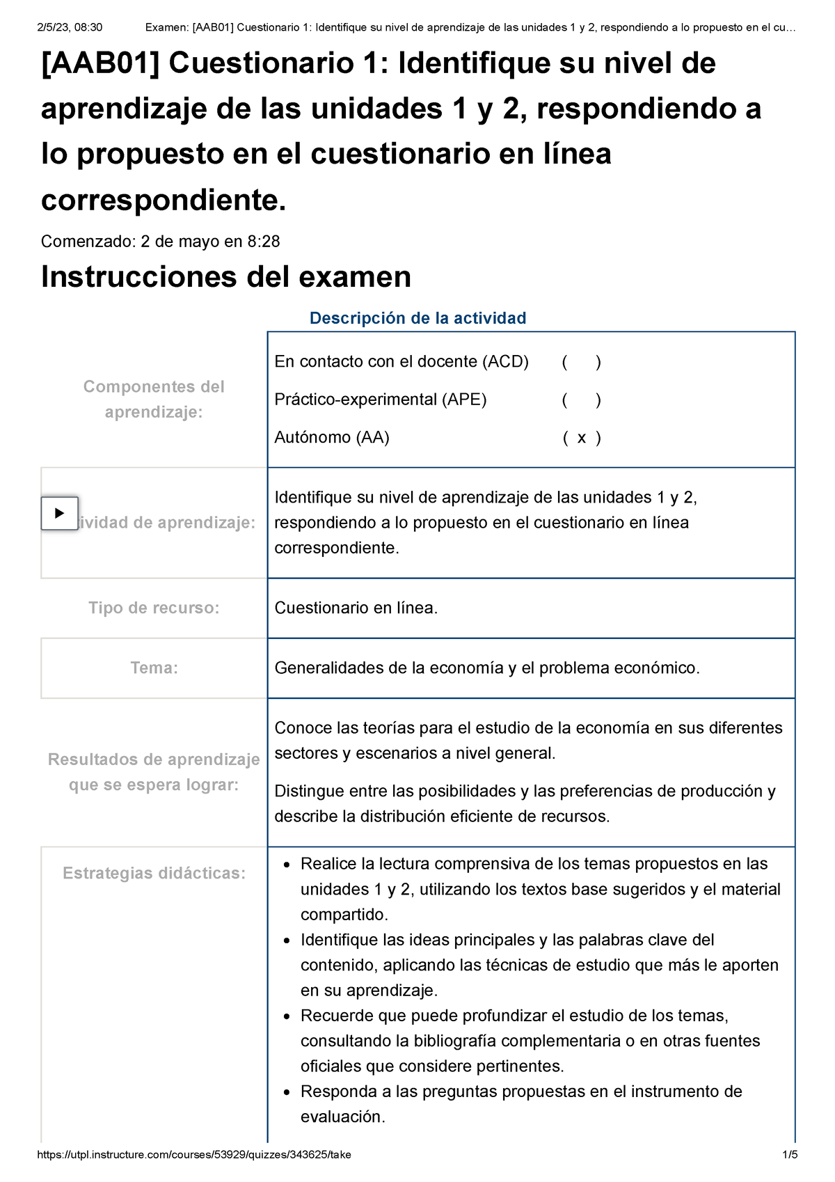 Examen [AAB01] Cuestionario 1 Identifique Su Nivel De Aprendizaje De ...