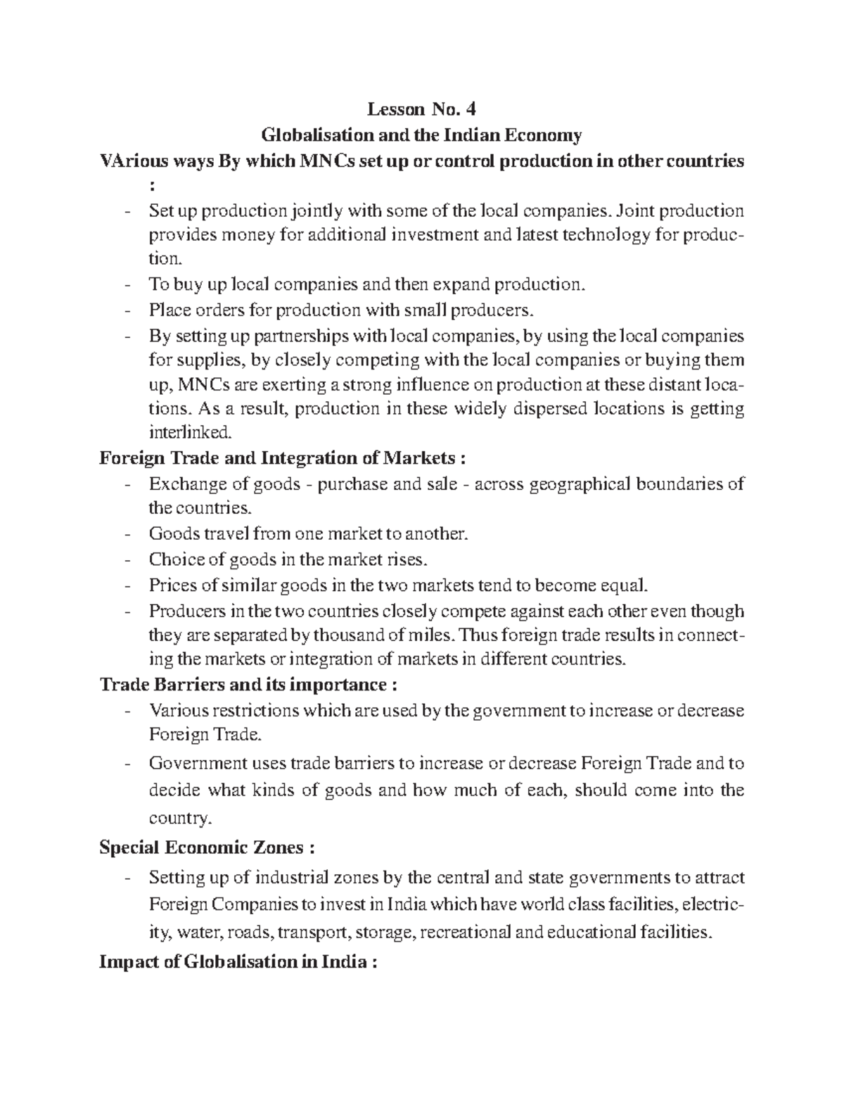 Globalisation and the Indian Economy - Lesson No. 4 Globalisation and ...
