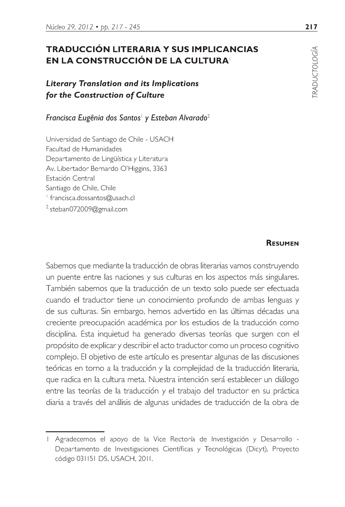 Art09 - traductor - Núcleo 29, 2012 • pp. 217 - 245 217 TRADUCTOLOGÍA ...