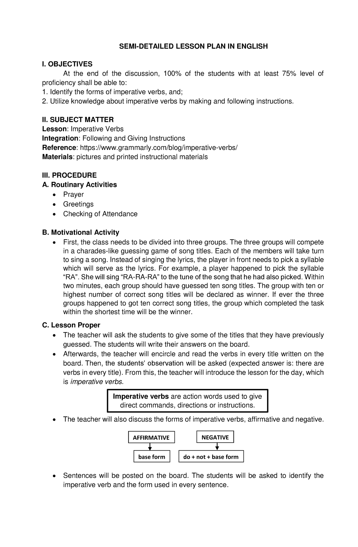 Semi-Detailed Lesson Plan - SEMI-DETAILED LESSON PLAN IN ENGLISH I ...