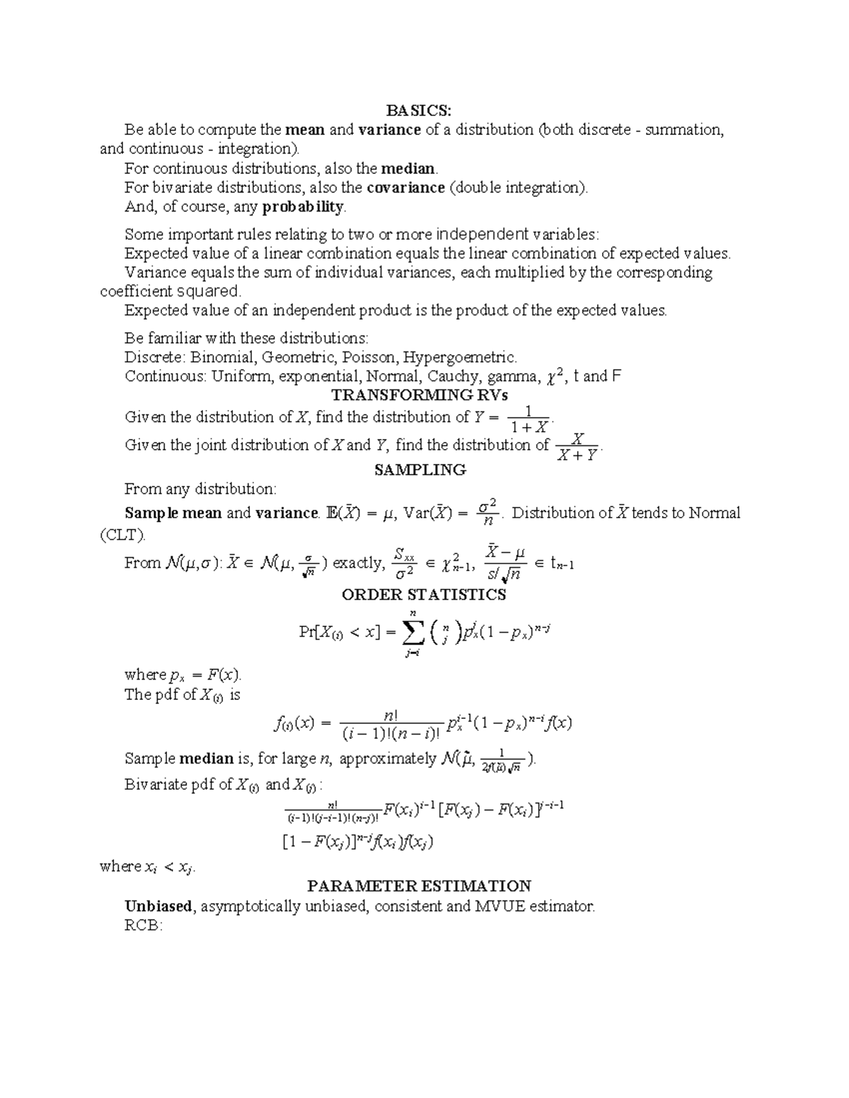 Mathematical Statistics Lecture Notes, Lecture Basics - BASICS: Be Able ...