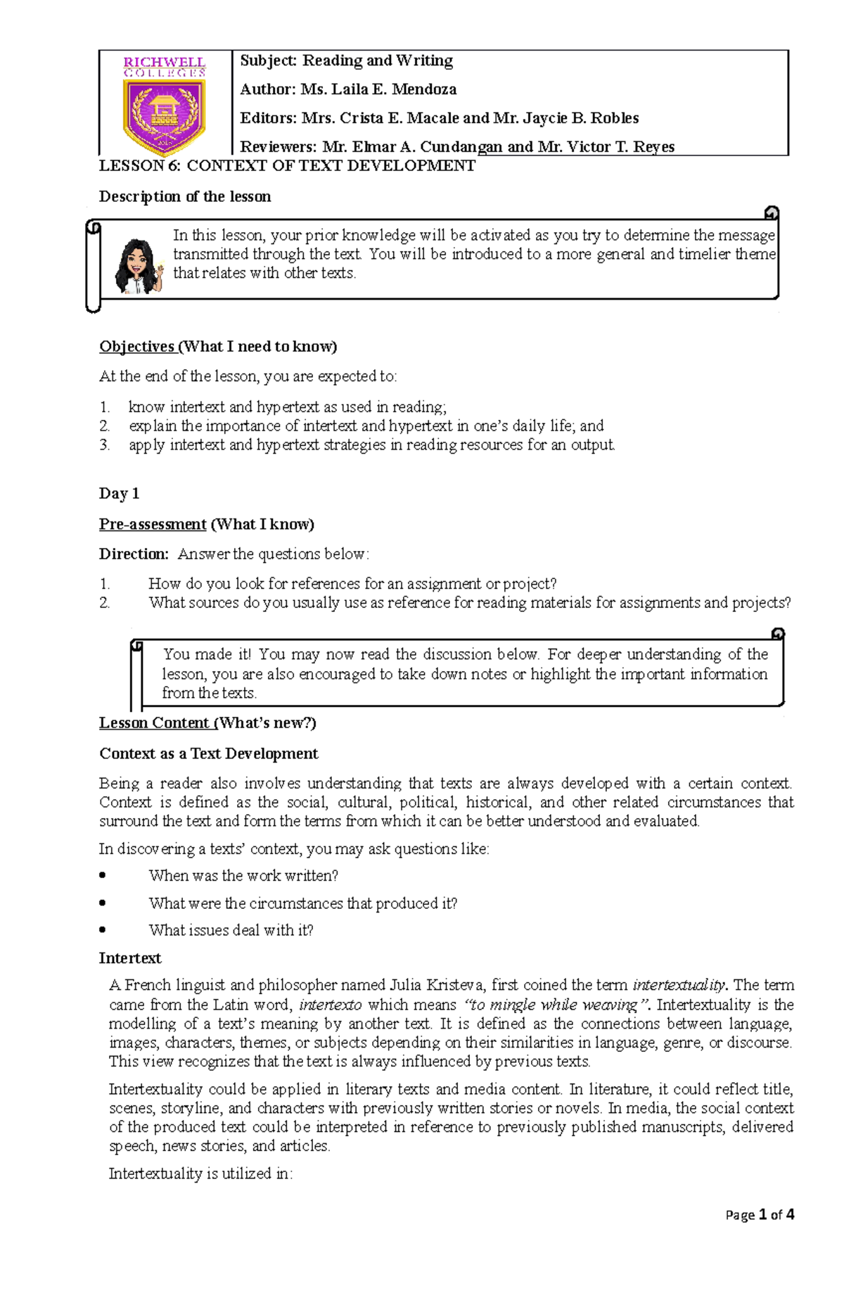 Reading AND Writing Lesson 6 lecture materials Subject Reading and Writing Author Ms. Laila