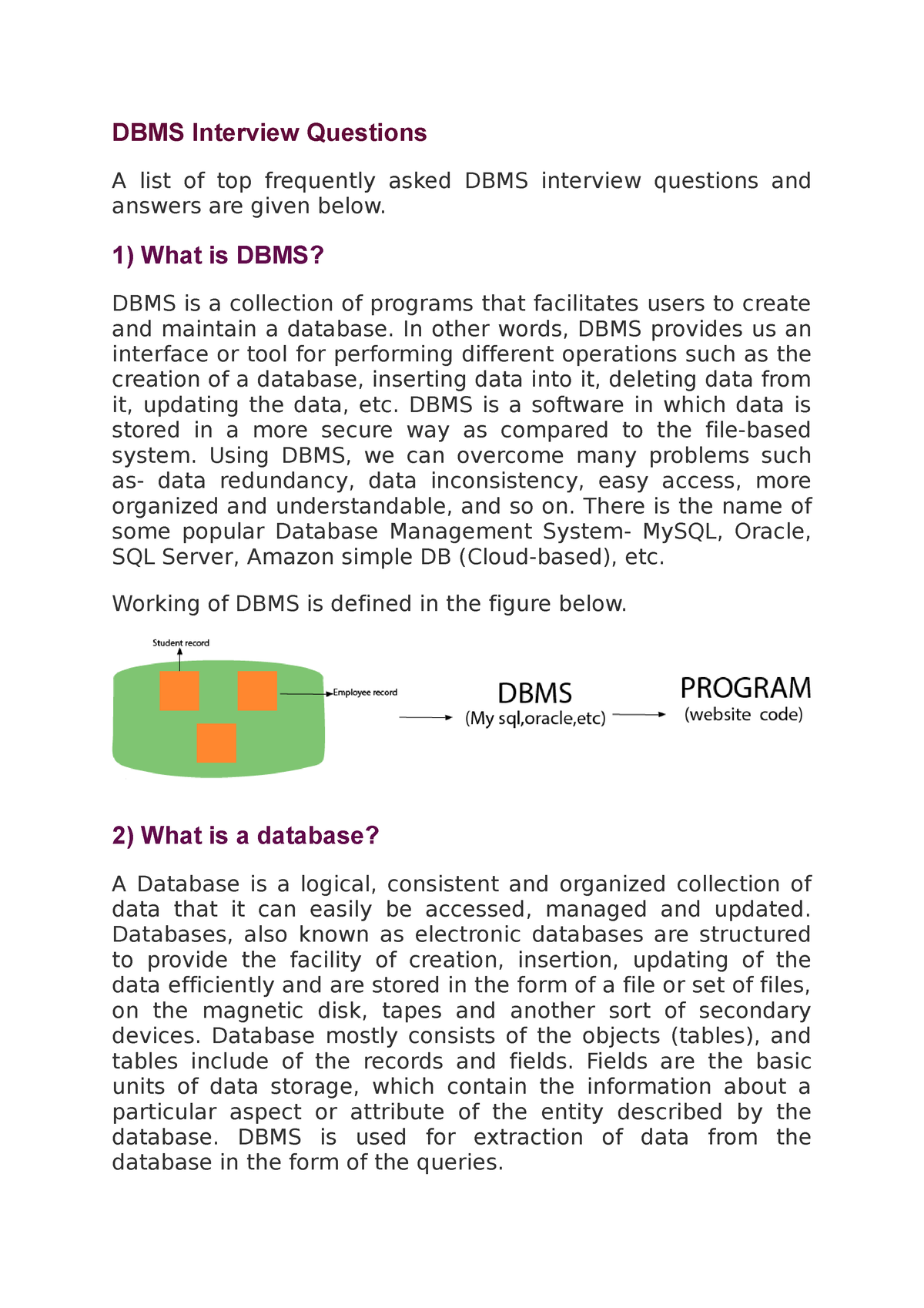 DBMS Interview Questions - 1) What Is DBMS? DBMS Is A Collection Of ...