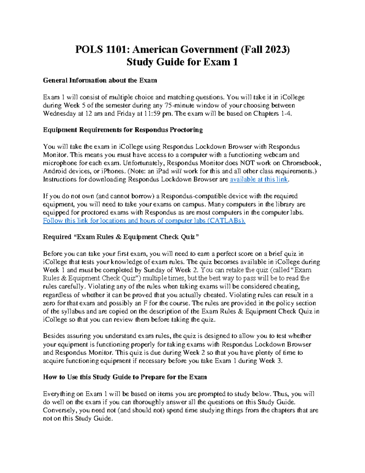 Exam 1 Study Guide - POLS 1101: American Government (Fall 2023) Study ...