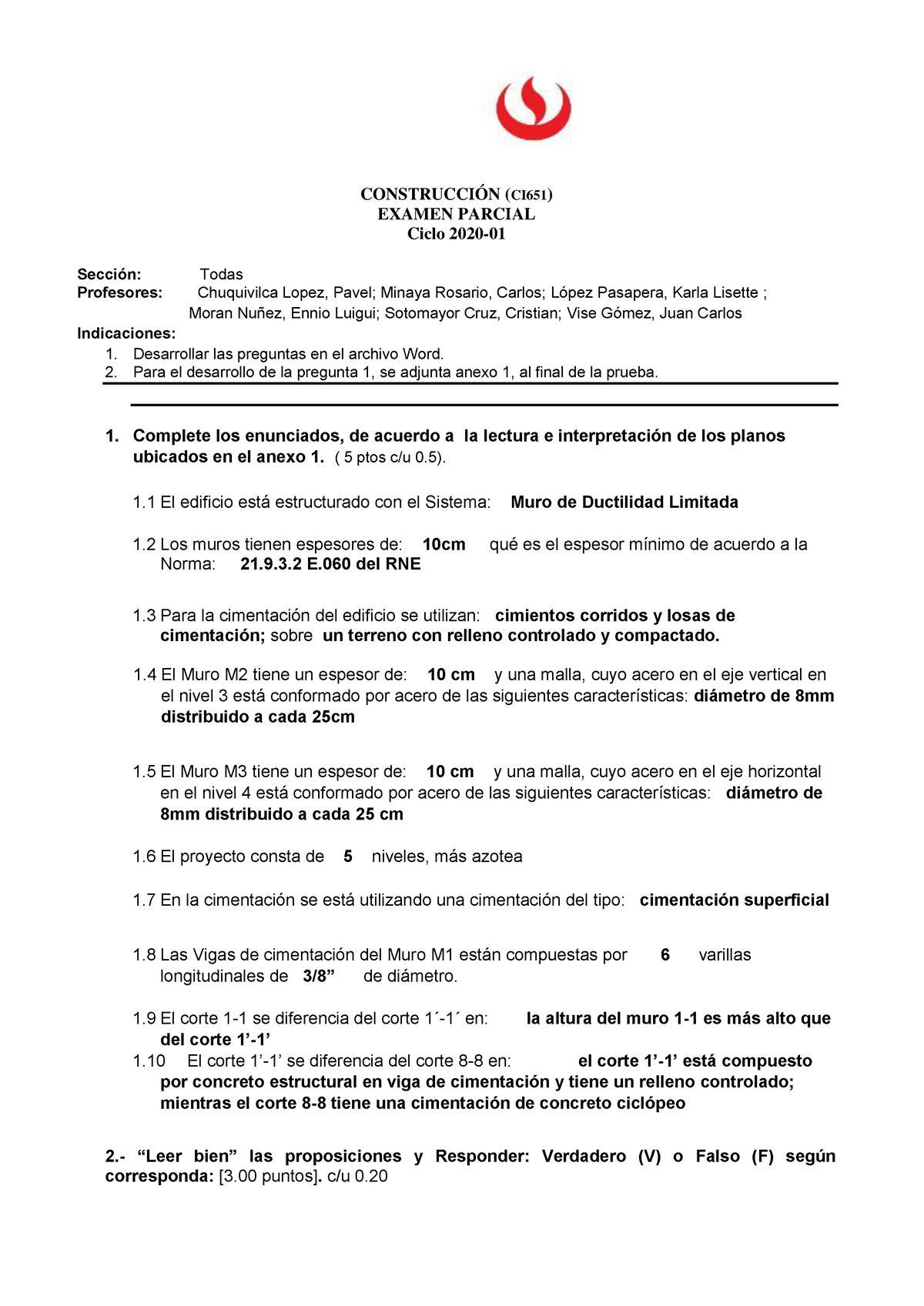 Examen Parcial C Onstru - CONSTRUCCIÓN (CI651) EXAMEN PARCIAL Ciclo ...