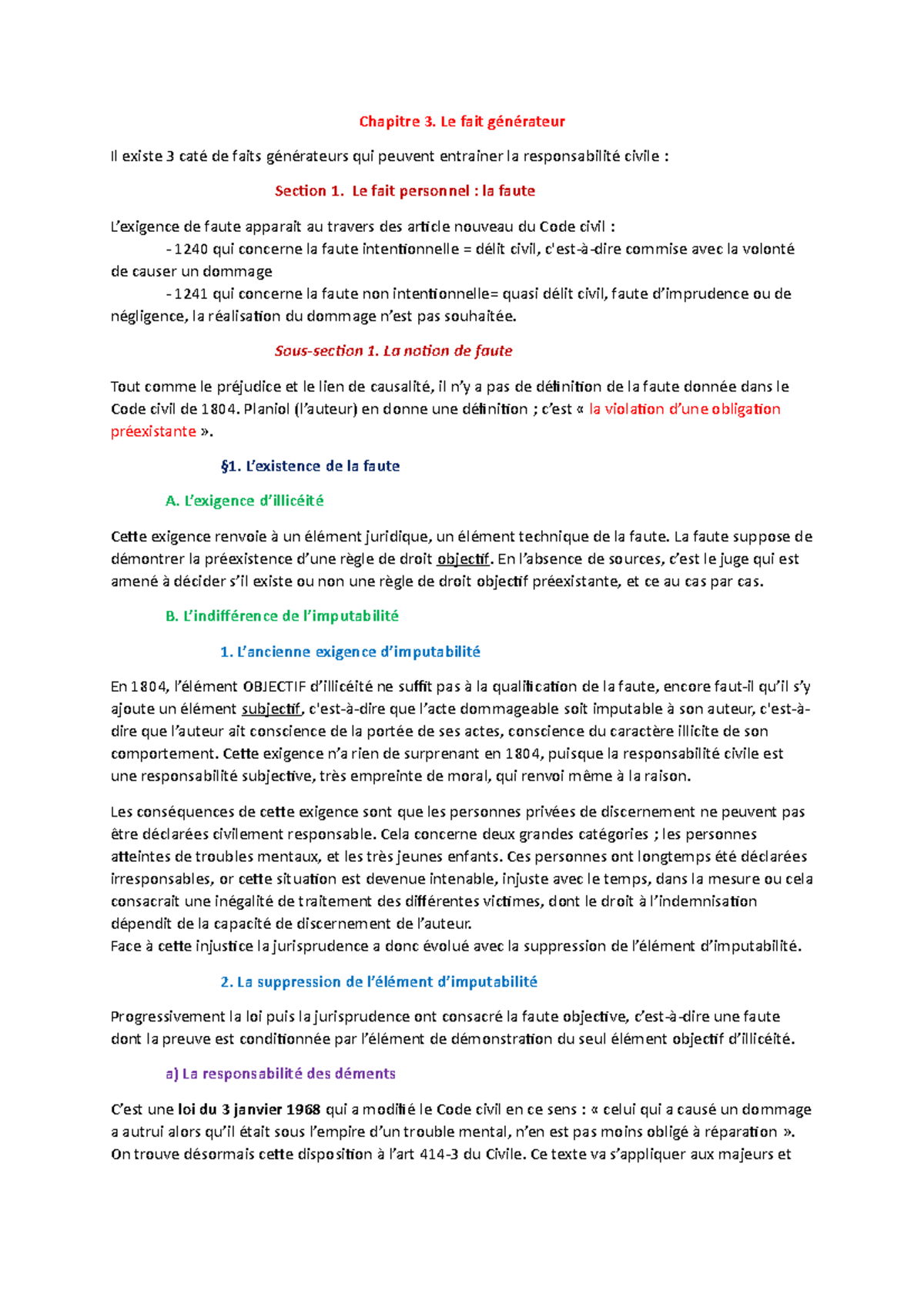 LE DROIT COMMUN DE LA RESPONSABILITE CIVILE Le fait générateur