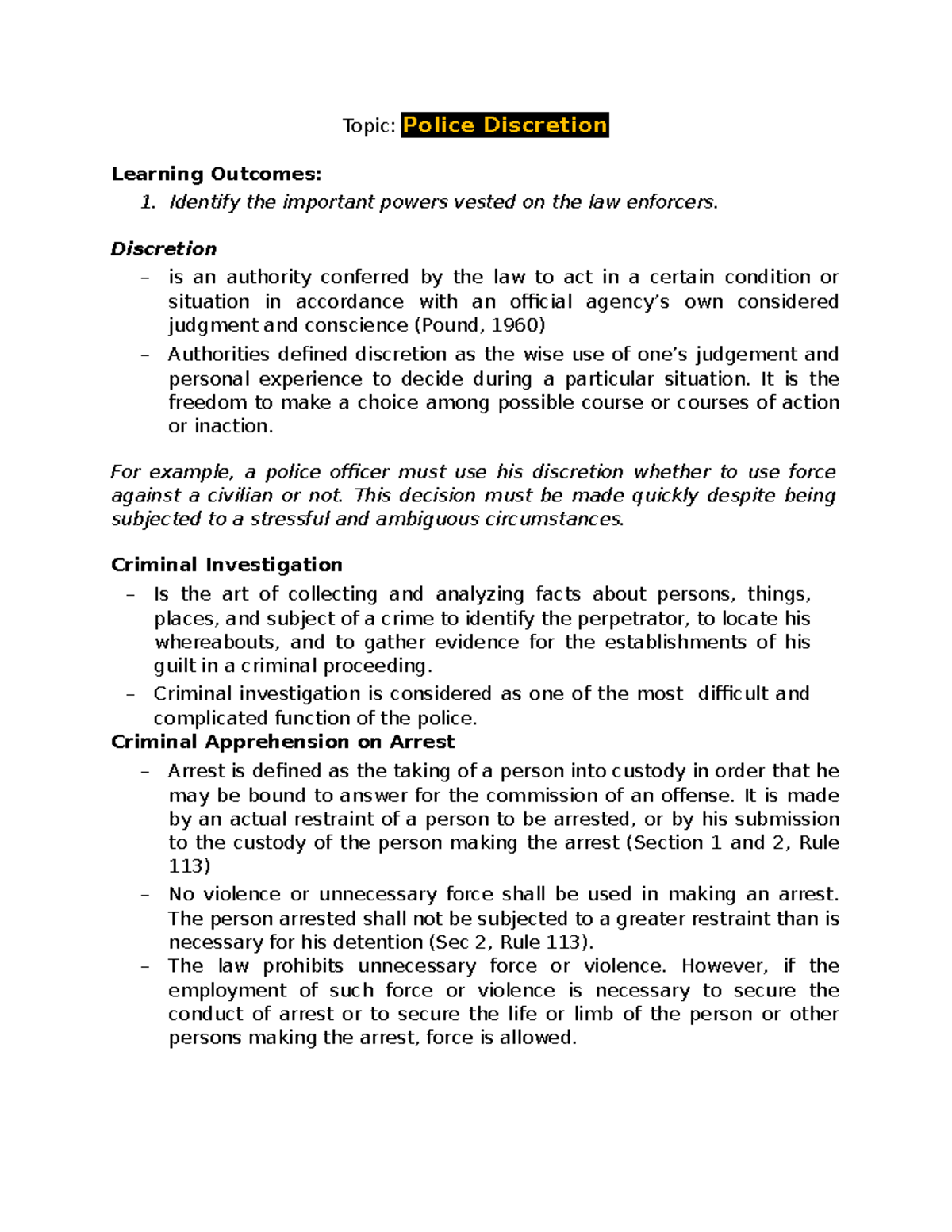 Police Discretion Topic Police Discretion Learning